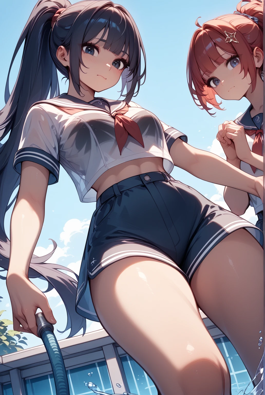 1young_teen_ girl,brown_hair、medium_bob_hair,blue_midriff_baring_sailor_uniform,mini_skirt,short_sleeve,thigh,huge_,angry,smile,open_mouth,standing,harbor_background, slightly_spread_legs, happiness, NSFW, short_gloves