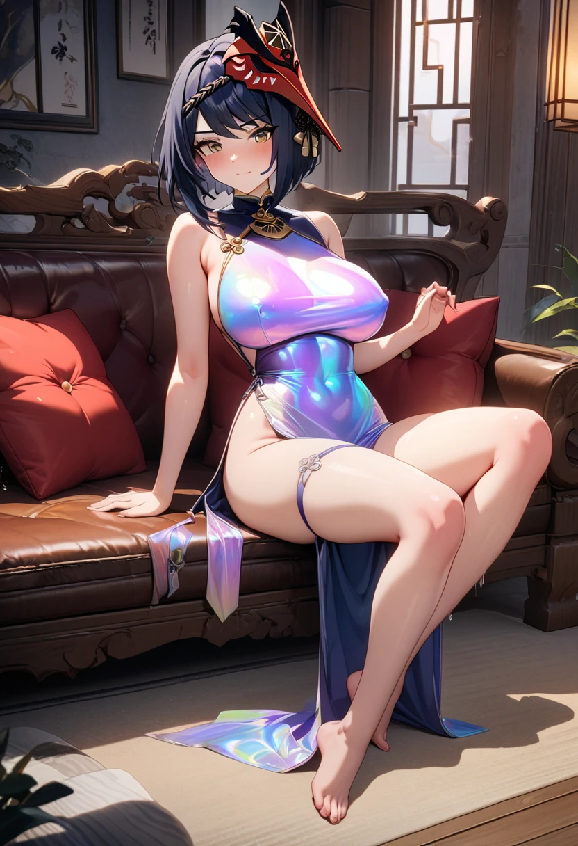 full body, floor level, sitting, on knees, open knees, stretching his arms behind the head, bellow one beauty woman whit medium turquoise hair, pulled up, double bun, wear sado outfit, tiny thonge, put in mouth sado ball, uncover skin, open neckline, seen hip, seen abdomen, sexi body highly detailed, looking at viewer, pink light skin, dynamic light, radiant colors, simple background
