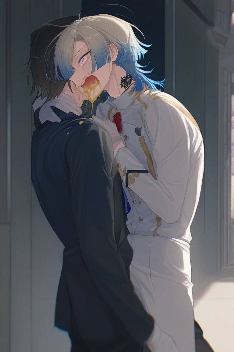 For two、Short-haired man、((Man with white hair and man with blue hair))、((Boys Love))、Male couple、White Y-shirt、Clothes are fluttering、Happiness、youthfulness、lovey-dovey、the kiss、Kissing each other、Kiss while hugging、kiss together、R-18、((Yaoi))、Fantastical、American man、((Adult male 26 years old))、Inside the villain's castle、Shot close to the face、((Focus zoom in))、((Shot by two))、Two people who love each other