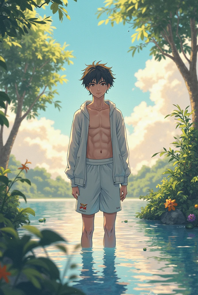 Beste-Qualit, master piece, ultra highres, detailed background, Realstic, solo, young guy, Warm up, Zagreus, 18 years, Yellow briefs, without outerwear, bare top, slender body, immature, immature male, ash hair, the forest, night, Moonlight, lake