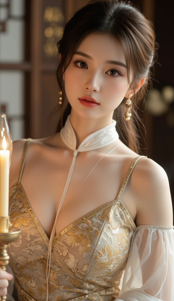 Masterpiece,(best qualtiy),highly  detailed,Ultra-detailed,Lady,Celebrity:Xiao Yu,(Hanfu:1.1),(Elegant temperament:1.2),(Bigboobs:1.3),(Semi-Dressed),(softlighting),(high high quality:1.4),(Detailed),(k hd),(Earrings),(Hairpin),(Exquisite),(Masterpiece)，16k，The upper part of the body