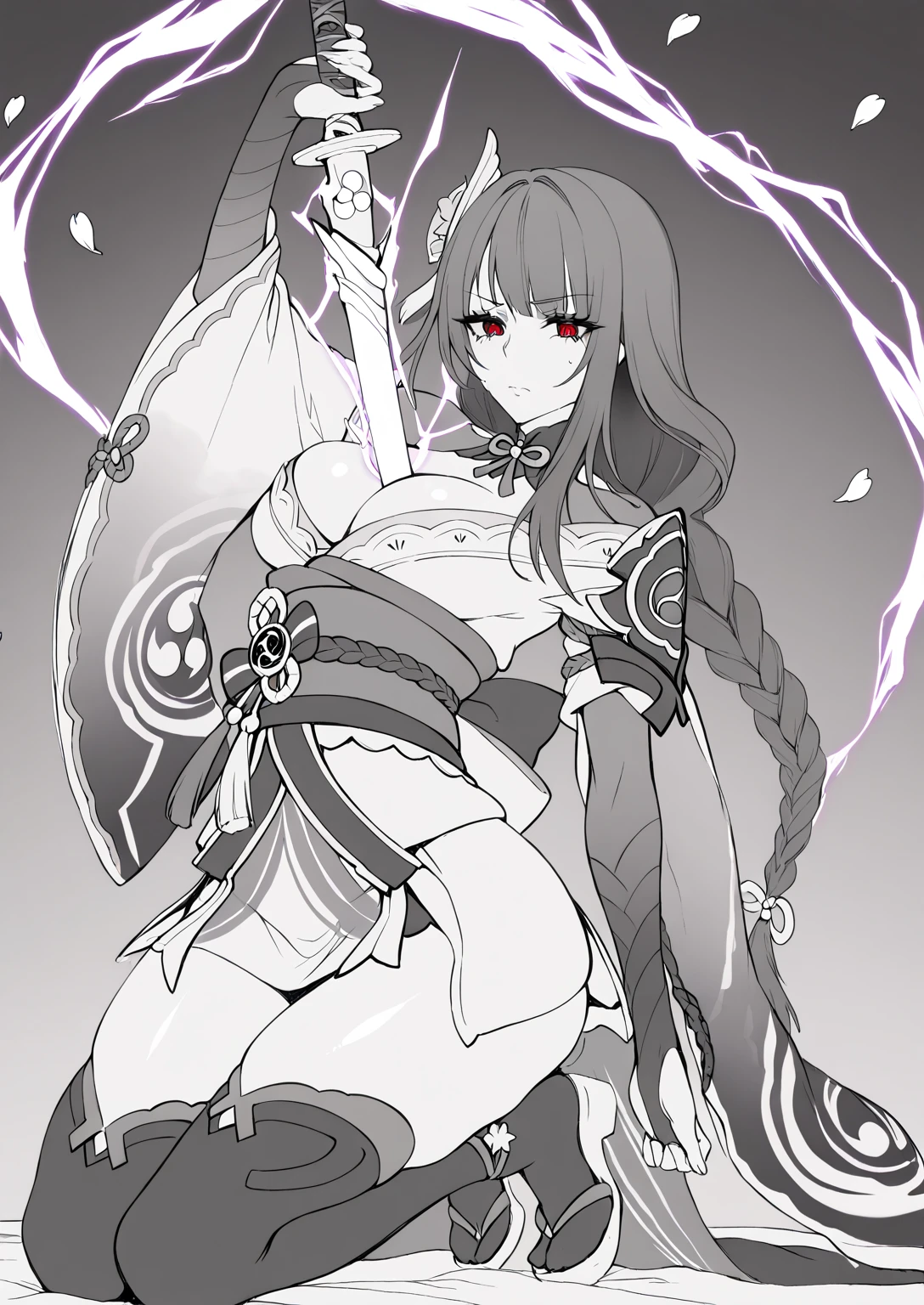 Tlr-style, (puuzaki_puuna(punopupupu)-style:1.2), ((anatomical correct)), ((monochrome, greyscale, manga-style, spot colors, red eyes)), (lineart:1.2), perfect body, perfect eyes, perfect fingers, gasping, heavy breathing, gasping profusely, ((skindentation)), ((curvy)), iris midgar, long hair, red eyes, braid, red hair, plump, cosplay, 1girl, raiden_shogun_\(cosplay\), breasts, solo, weapon, human_scabbard, sword, long_hair, thighhighs, looking_at_viewer, japanese_clothes, kimono, cleavage, bridal_gauntlets, musou_isshin_(genshin_impact), electricity, holding, holding_weapon, purple_kimono, obi, wide_sleeves, holding_sword, sash, drawing_sword, kneeling, between_breasts, thighs, long_sleeves, flower, katana, shrug_(clothing), petals, closed_mouth