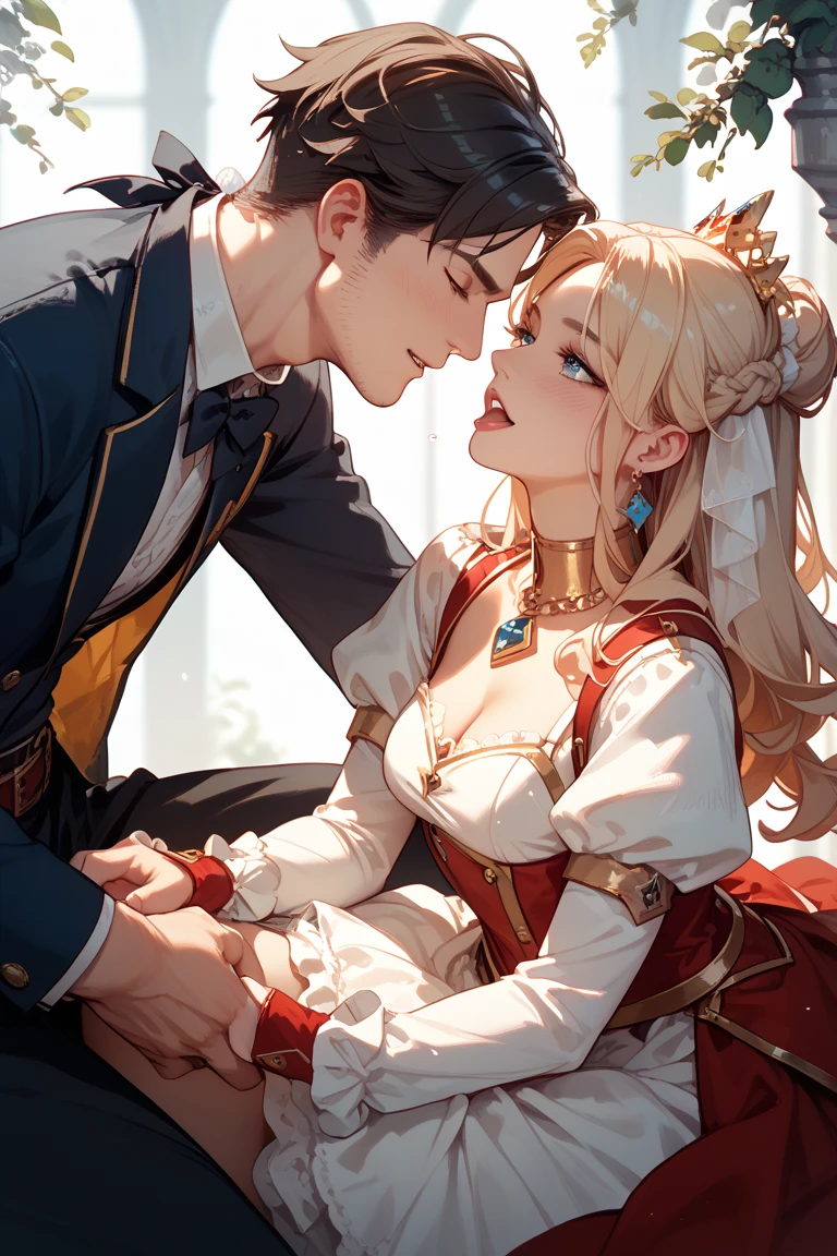 ((Highest quality)), ((masterpiece)), (detailed), (Perfect Face)、The woman is a Mongolian woman named Tsukino Usagi, and is wearing a gorgeous and colorful Mongolian national dress called Dale in a Mongolian mansion, with gorgeous jeweled accessories and an engagement ring. The woman and the man are sitting on a gorgeous, large sofa in the luxurious room, and the woman is being embraced by a dignified, bearded, middle-aged Mongolian man wearing a Mongolian national dress, who is touching her breasts and groin and kissing her.、The woman is the elegant Tsukino Usagi, with her long blonde hair in a chignon twin tail, and wearing the colorful Mongolian national costume, the Mongolian Tsukino Usagi.、The man is a dignified, sturdy, bearded Mongolian man wearing Mongolian national dress.