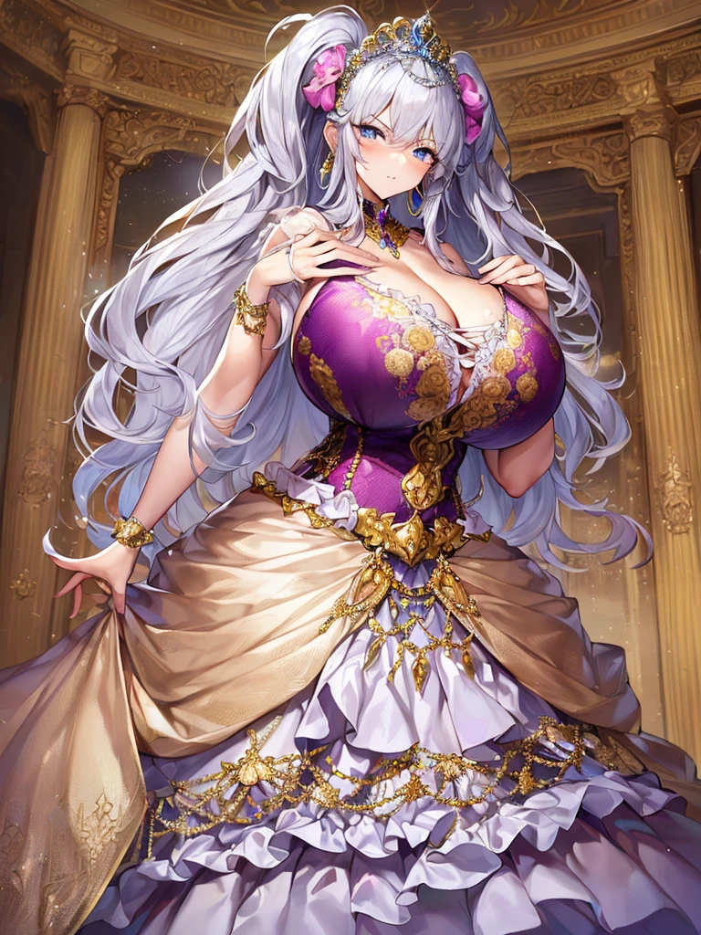 ((anime artstyle)),Masterpiece,Best Quality,Super Detail,((Very Delicate and Beautiful)),Solo,((full body)),full body portrait,(((1 bling-bling rococo princess in a gorgeous rococo ballgown with voluminous full length hoop skirt))),(((very very gigantic tits,cleavage,curvy))),Skindentation,((Cathedral,church)),((crinoline,long train)),super detailed gorgeous ballgown with voluminous full length hoop skirt,gorgeous princess rococo ballgown with long train,beautiful embroidery and jeweled,(((gorgeous princess rococo ballgown with beautiful embroidery and jeweled))),(detailed face and eyes),jewel-like eyes,((extremely voluminous straight Hair,Extremely Long Straight Hair)),extremely gorgeous hair ornament,((extremely gorgeous bling-bling big tiara)),bling-bling luxurious jewelry,Beautifully detailed lots of lace and ruffles,(Dynamic Angle),(((gorgeous rococo ballgown with voluminous full length hoop skirt))),full body