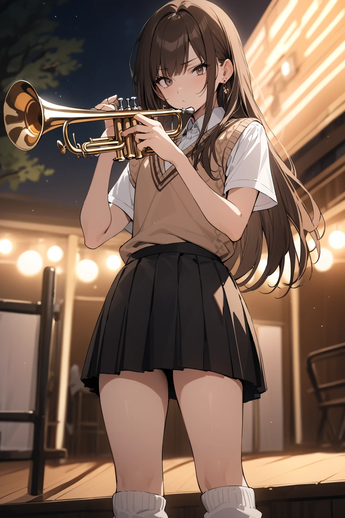 high resolution。High resolution、Low - Angle、masterpiece、Beautiful black-haired girl、、Round eyes、Playing the Trumpet、White sleevelesiniskirt and knee socks。sweating、high resolution8K