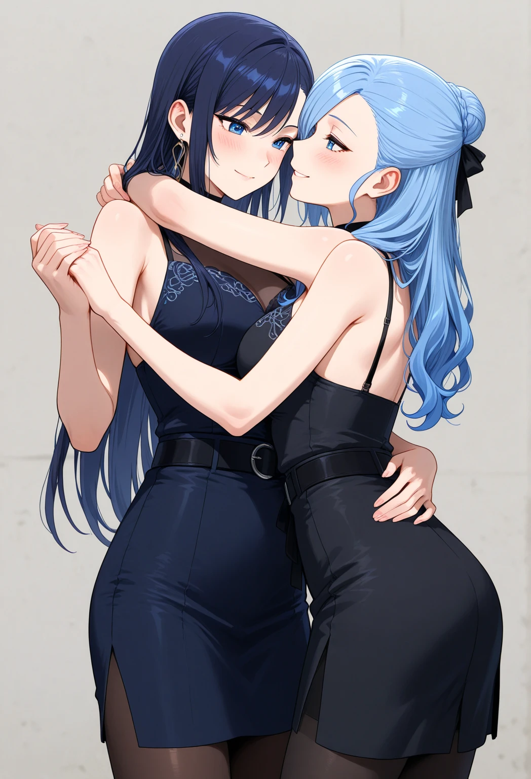 Women, brunette with red eyes and light blue hair with purple tips.. And his black clothes, and her black skirt.