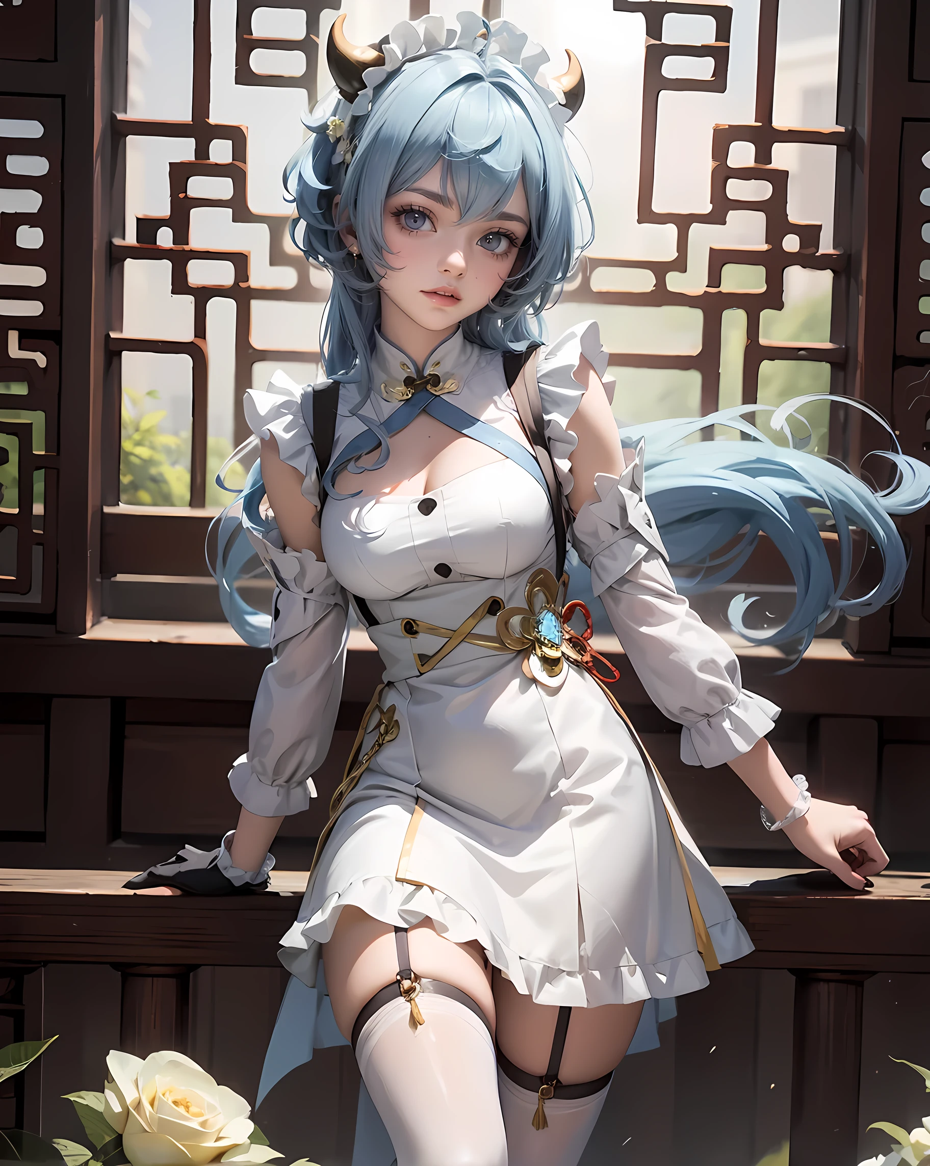 1girl, light blue hair, red horns, harness, white and blue dress, chinese maid design, solo, white roses, symmetrical gloves, high socks, puffed socks, harness, tassel, chinese maid dress, v neckline, garter on the legs, standing up, white apron, maid dress, chinese maid, chinese aesthetic, thigh gap, harness, white roses on her hair, solid background, chinese maid uniform, puffed sleeves, too many frills in her dress, magical girl, perfect anatomy, gold jewelry, harness, Cute pose, beautiful hairstyles with white roses, tassel, glow eyes, long hair with long waves and white roses, high thigh, frills, harness, chinese maid uniform, chinese maid dress, white apron, garter on the legs, gold jewelry, solid background, standing up, blushing, maid headdress, chinese maid dress with too many frills, Chinese aesthetic, puffed skirt, harness, centered girls, full body, glowing hair, magical girl, more details on her clothes, golden details on her dress, harness, tassel