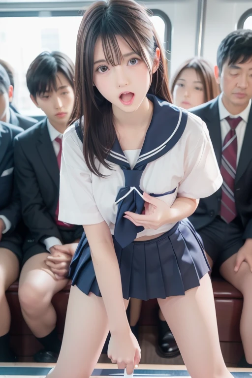 crowded train, girl as yukino yukinoshita, fat bald man hugging her from the front talking with mouth and lifting her legs, black sexy lingerie,, pubic hair visible, 40k, photo, masterpiece, best quality, dark grey background, (with one girl's immediately open legs with very small breasts, an elderly man leans on her from the front and picks her up and does different poses, Blushing, troubled eyebrows, rough breath, clenched teeth, burning face, heart pupils, sweaty, full body wet, black hair, long hair, knee bending, reluctance, watery eyes, (small breasts:1.1), soaked, small, slender, white shirt, tie, pants visible through short pleated skirt, slouch, slender, (short pleated skirt:1.5), slouching, hands on chest, crotch open, lewd, kissing, hugging, tongue sucking, legs tangled around hips, cowboy shot, touching very small breasts, hands on the crotch, breastapart, (ahegao, rolling eyes:1.5)