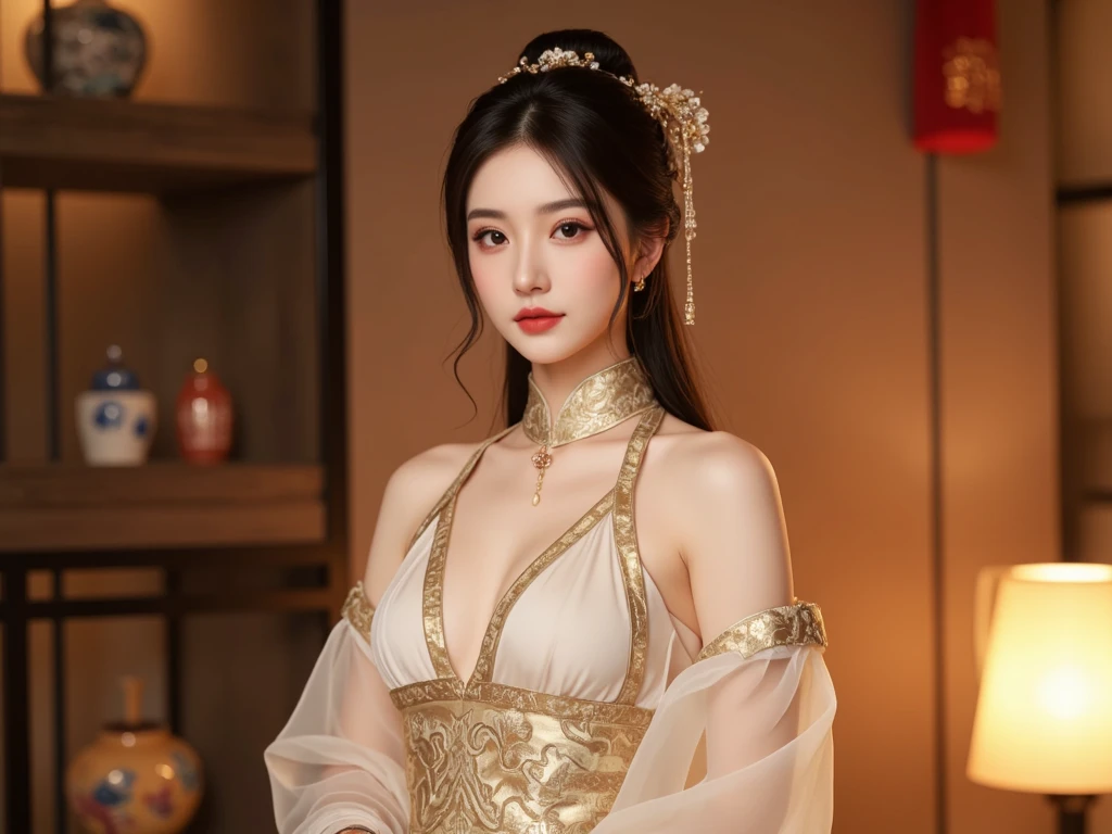 Beauty, sexy, bare breasts, cleavage, bare legs, see-through, , hanfu, wet, clear, realistic, highest detail, chinese mythology, dragon pattern, phoenix, sacred, holy, golden light, golden lotus, huge pool (bath), next to strong men kneeling