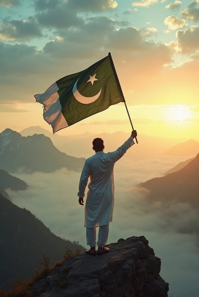 A person is holding a Pakistani flag in his hand, there is a mountain in the background and he is standing there
