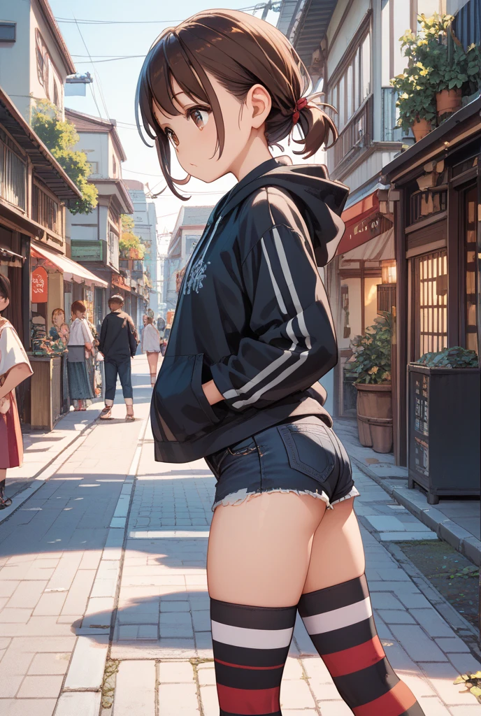 NSFW,(One girl:1.5),natsuiro matsuri,One Side Ponytail,Crop top,Jacket,Shorts,(Perfect hands),(Perfect Anatomy),(masterpiece),(highest quality),Sexually aroused face,blush,Nightlife,Narrow back alley,(One man:1.7),(aid communication:1.5)