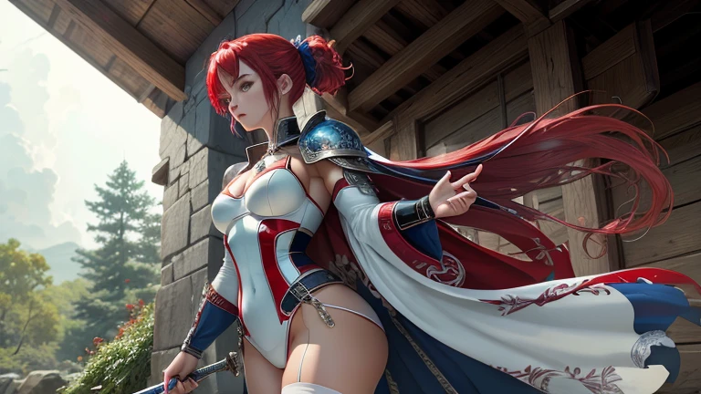 highest quality photography, Live-action adaptation of anime drawings, Masterpiece, 8k images, Shiny pink hair, Flowing side ponytail, female knight, Metallic blue bikini armor, Sword in right hand, White skin, Beautiful Face, Cute face, Delicate beautiful eyes, Big eyes, (Quite large big breasts:1.2), Big cleavage, Bikini digs into the skin, Captivating perfect proportions, Constriction of the waist, Accentuating body lines, Bust Sharp Hocus, Natural Lighting,