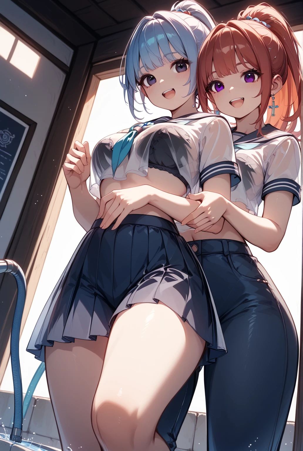 Hoshizora rin, Best Quality,(beauty), 1girl,phisically-based render ,ultra highres,(cowboy shot:1.5),narrow waist, skinny, big eyes,long legs,leather belt,small breasts,puffy eyes, leather belt,(rainy city), shiny skin, facing viewer, Victory posture,(midriff:0.7), sweating, flying sweat drops,off shoulder,(torn clothes:1.3), conjoined_dicephalus, (two heads:1.3), diaper, kiss