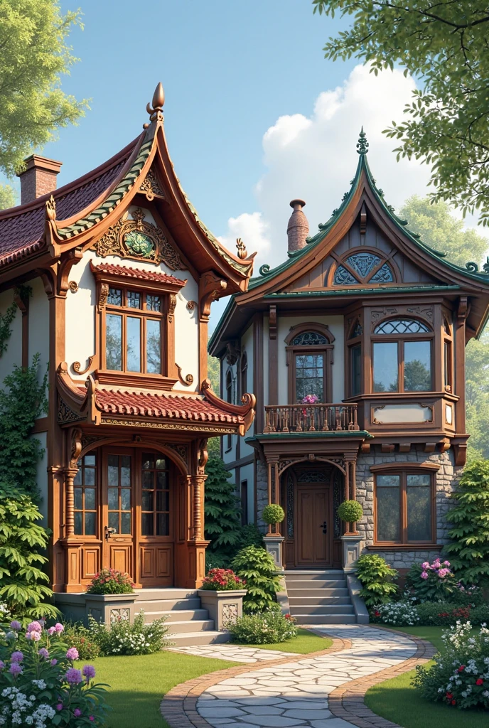 Good Neighborliness and Multiethnic Environment: Image of two neighboring houses, one with oriental architectural elements, and the other – a typical Serbian house(More realistic looking)