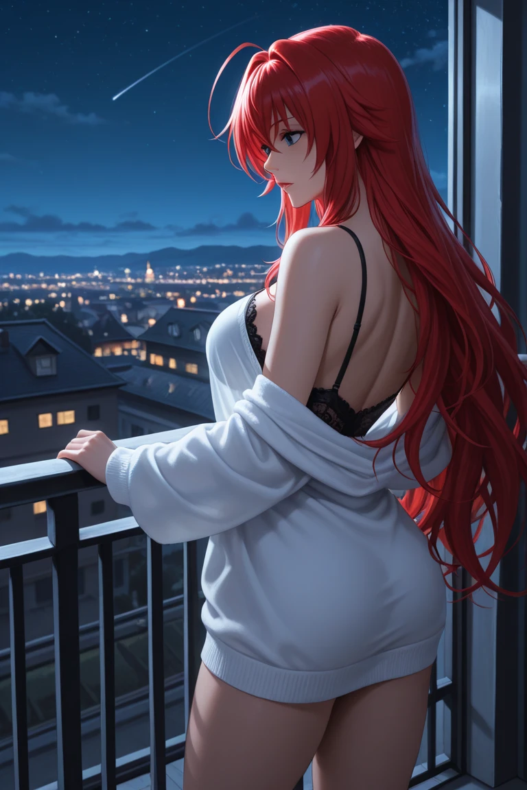 ((masterpiece)), ((best quality)), ((highest quality)), ((ultra-detailed)), ((8k cg wallpaper)), ((extremely delicate and beautiful)), ((illustration)), (high resolution), ((extremely beautiful detailed anime face))((extremely detailed game cg characters eyes))((Masterpiece, 4k, 8k, highres)), 1girl, gorgeous, long red hair, blue eyes, skimpy night dress, silk night gown, see through, transparent, medium breasts, laying on bed, bed by large window, window, side view,  full shot, bedroom, apartment, large window, city background, night, city at night, buildings, neon lights, noir, dark, skyscraper, top floor, penthouse, lounge, best quality, ultra detailed,