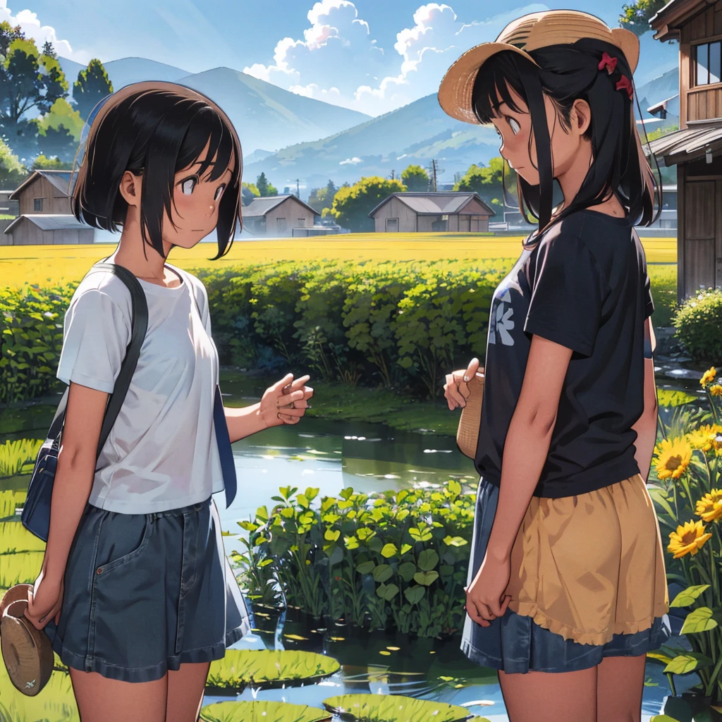 12-year-old girls、Three Girls、Healthy girls、Summer sun、cumulonimbus、Blue sky、Straw hat、Japanese countryside scenery、Rural Scenery、Paddy field、Azemichi、Small irrigation canal、They are walking side by side happily、T-shirt and mini skirt、LOL、Looking at this、Have vegetables