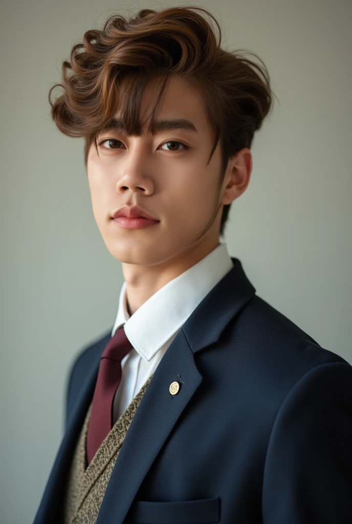 Asian, BTS V, headshot, (jacked charlzcjm, bright hazel green eyes), (curly low fade haircut:1.14), (sunburned skin, 5 o'clock shadow) ((smirking, buff)), detailed face, detailed iris, full lips, ((cute, wearing a modern luxury dark navy blue suit, pocket handkerchief, buff, wavy low fade haircut)), ((grey background, symmetrical facial features)), intricate details, studio lighting, 80mm, portrait, shallow depth of field, CEO, smirking, happy