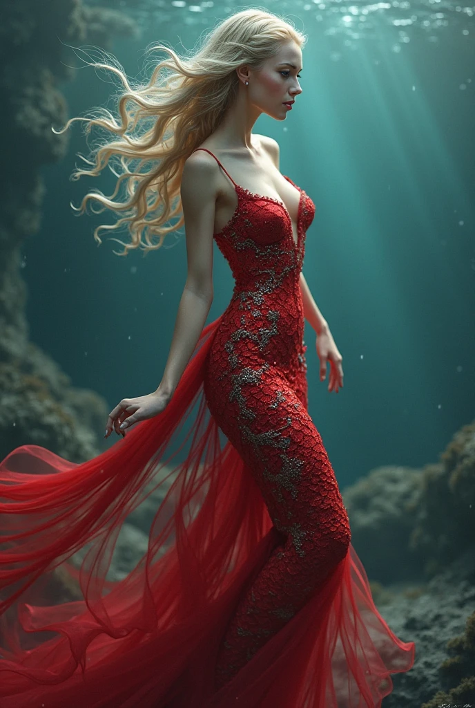 (THE MOST BEAUTIFUL GIRL IN THE WORLD), (AGE 14 YO), (LARGE BREASTS CAN NOT BE VIEWED BY VIEWER), (SEPARATED CLEAVAGE),(CUTE SMILE LIPS PARTIALLY OPEN SEE TEETH), (PIERCING BEAUTIFUL EYES),A model, hyper realistic faces, goddess, she is wearing a beautiful long flowing vivid RED dress made entirely of RED Sea urchins and anemone tentacles,(VIEW FROM WAIST UP), (EXTREMELY LONG FLOWING BLONDE HAIR),highly detailed portrait photography with depth of field, full body swirling ink ink art ral-exposure, subsurface scattering, Photorealistic, Hyperrealistic, analog style, realistic, film photography, soft lighting, heavy shadow