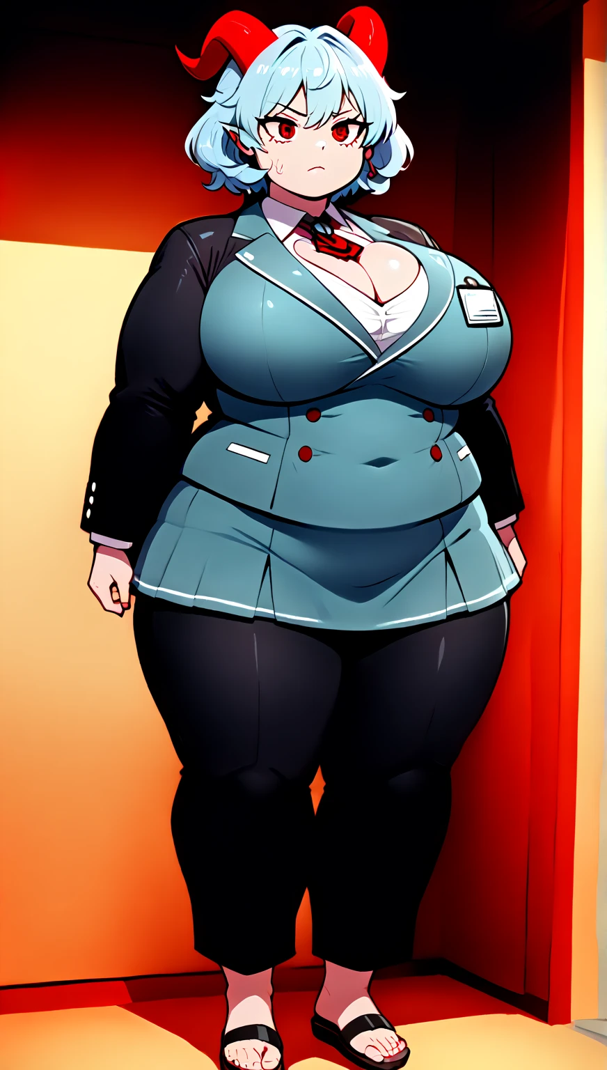 (masterpiece, highest quality:1.2), solo, 1girl, 47-year-old, mature woman, red eyes, long black hair, plus size body, BBW, (round belly:0.97), (chubby legs:0.84), fat rolls, fat woman, fat figure, smiling, looking at viewer, (Wearing: blue dress, brown fur coat, pearl necklace, black stockings, High heels), Indoors, nightclub