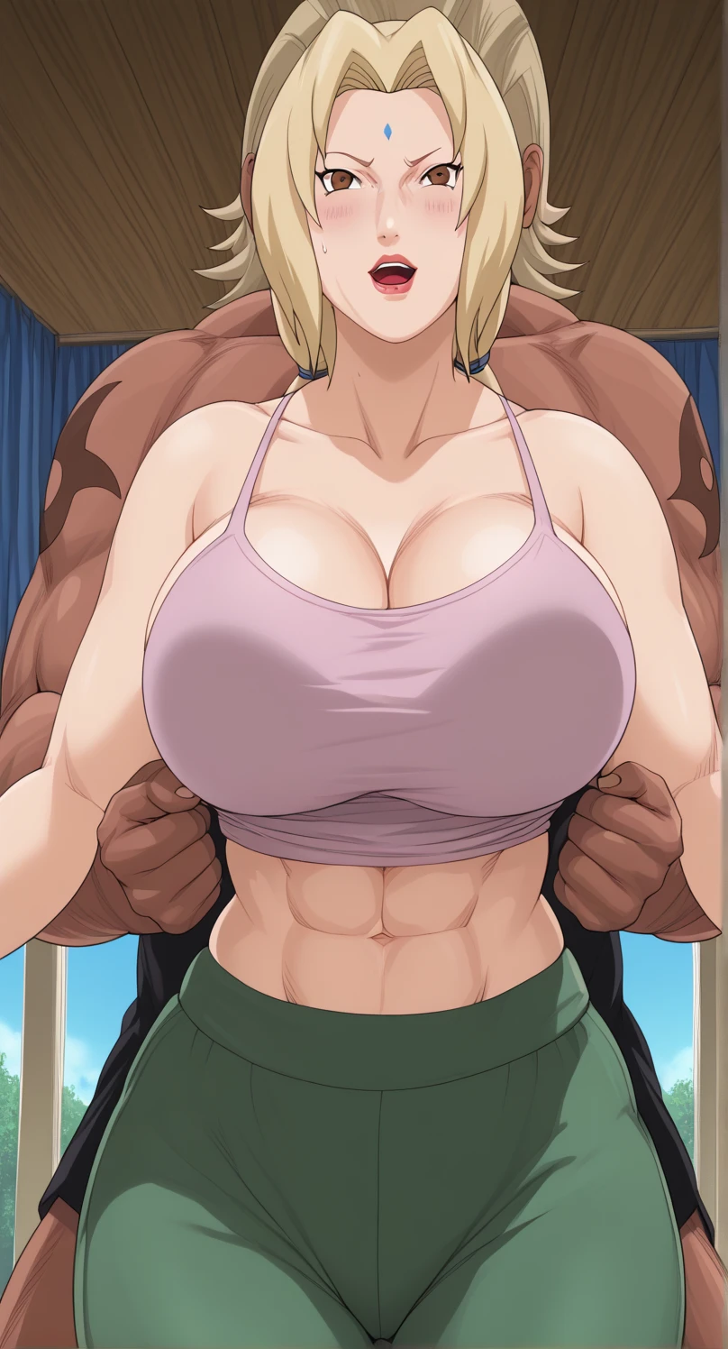 gym, workout, hot, sweating, sweaty, tan, big boobs, tan skin, flustered, blush, pink clothes, see thru, yoga pants, man standing behind girl, man behind touching boobs, , sex, having sex, from behind, blonde hair, girl in schock, girl closed eyes, in pain, clenching teeth, girl screaming, plump girl