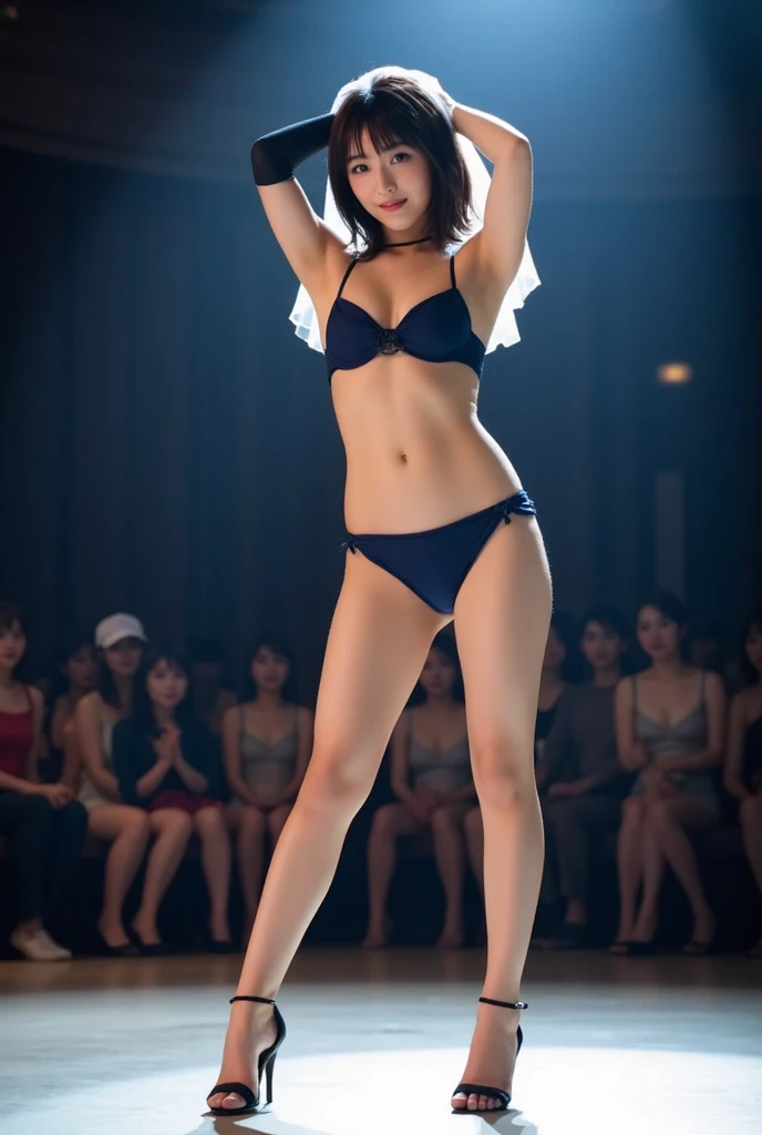 Full body portrait, Photorealistic, Beautiful Chinese Woman, Adult video actress, Stand among the students during class, Slim figure, Height 1.6 meters, Perfect figure, Exposed breasts, Slim waistline, Outstretched legs, Hips 30 inches, Delicate skin, total amount, Thin eyebrows, red and black erotic lingerie, Suspender stockings, Stiletto heels, Seductive pose, Light brown hair, bangs, Curly Hair, Wavy Hair, Slicked back hair, Medium Hair, jewelry, Long eyelashes, Earrings, shy, Mischievous face, Compensate, Red lips, Cinema Lighting, masterpiece, Very detailed, Rough skin, highest quality, 8k