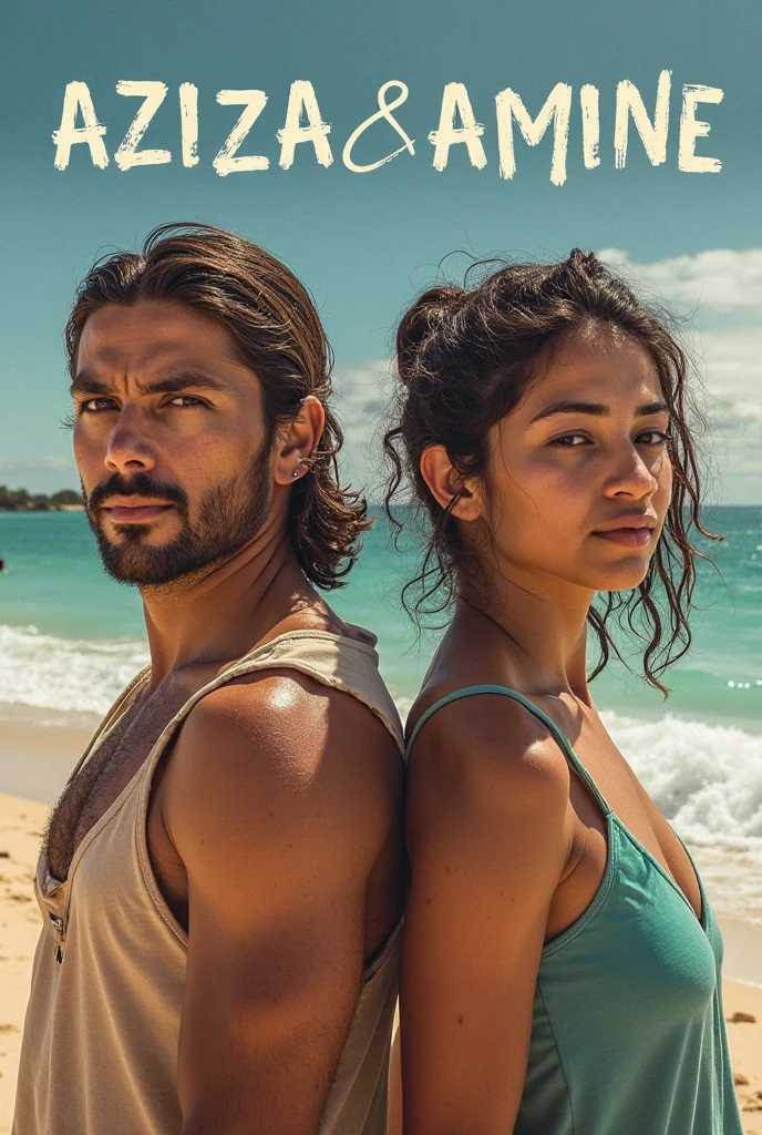 a Brazilian couple, a tanned man of 1,73 m and a white one of 1,51 m, she has curly hair that doesn&#39;t go past her neck, and he has wavy hair, no mullet hairstyle, he's kinda skinny and wearing a green tank top