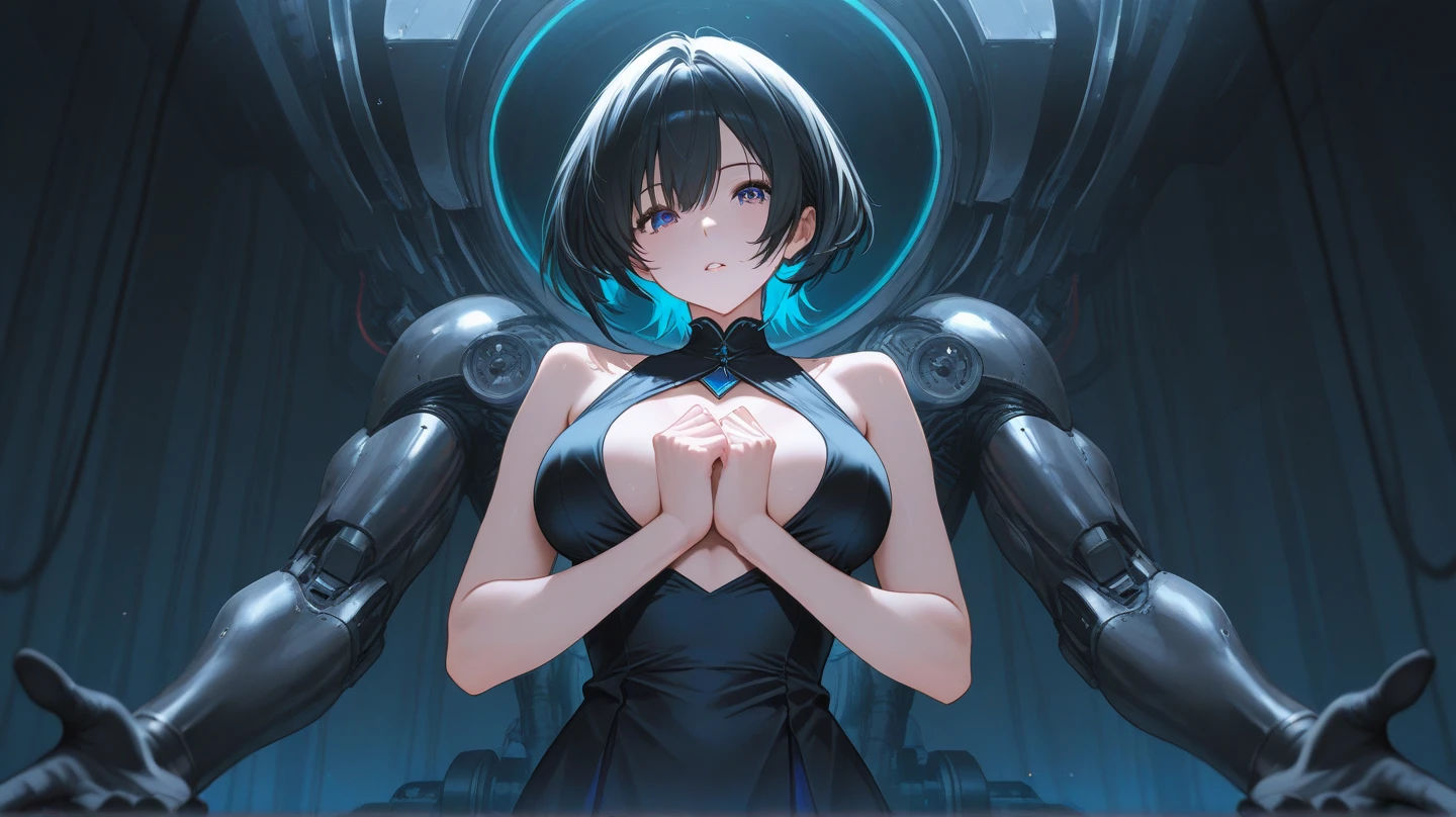 1 girl,upper body,black hair,stand,straight-on,red and blackeyes,masterpiece, best quality, very aesthetic, absurdres,breast,Covered nipples,clothes,clothes,tight,clothes,Transparent,