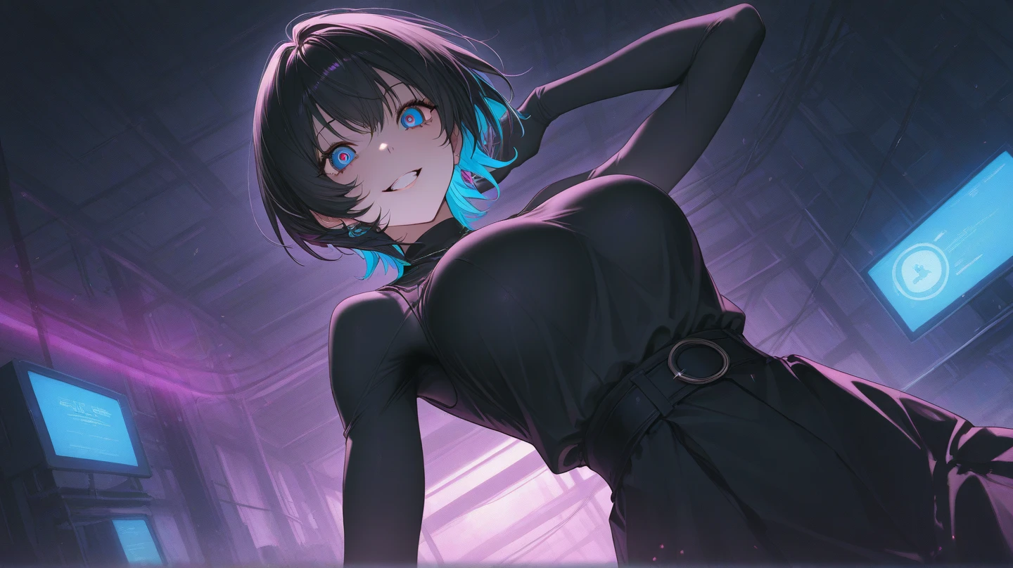 1 woman, delicate face, black hair, blue pupils, black dress, standing in a room with an eye patch, surreal