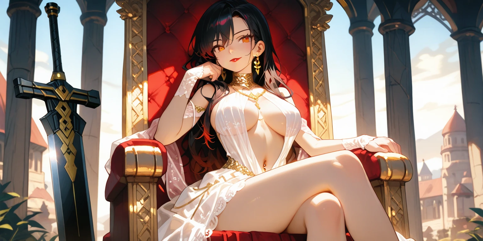 age elf warrior, on the throne of gold and silver, undressed, breasts small , open your legs for the wizard king, black hair, gray eyes, Caucasian skin,orgasming