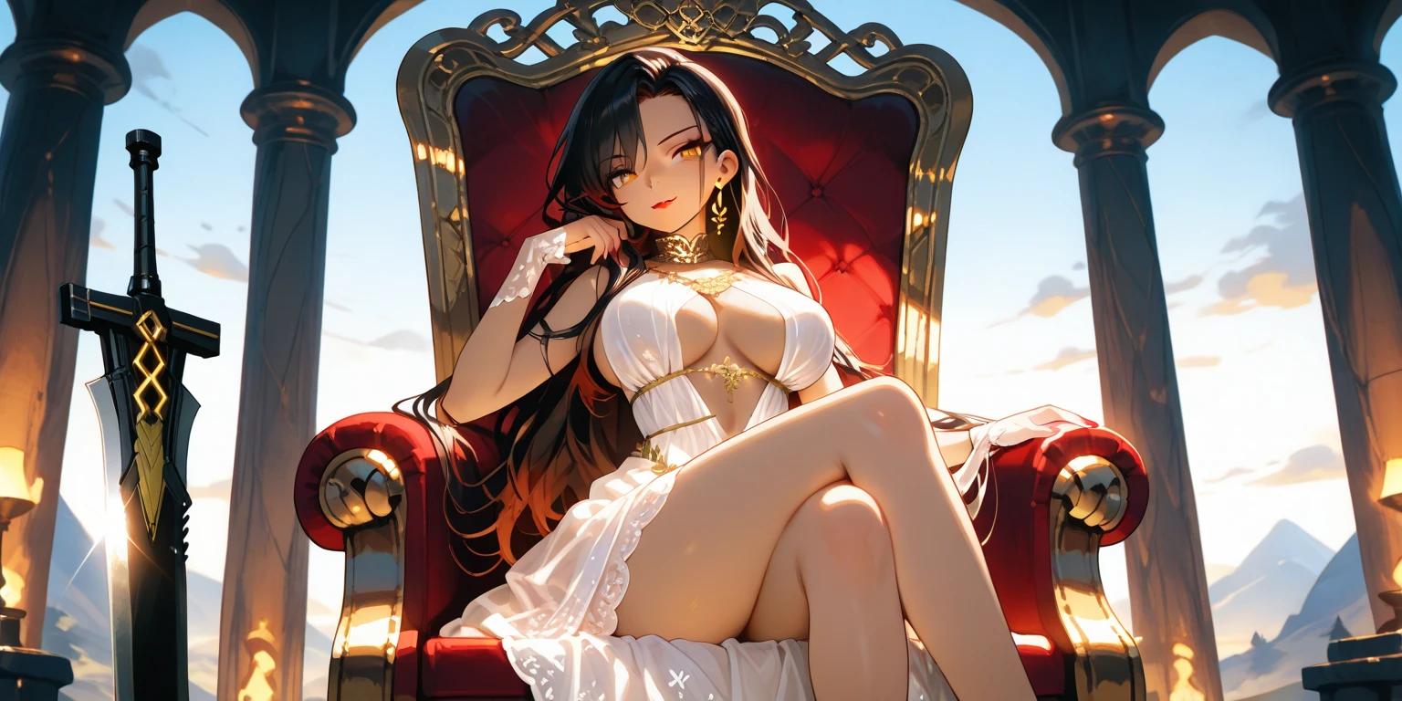 long hair, black hair, medium breast, slim legs, nervous, white gown, cleavage, arabian belly dancer , skirt, rin tohsaka, twin tail, navel, garden, night, blue eyes, tiara, laying down