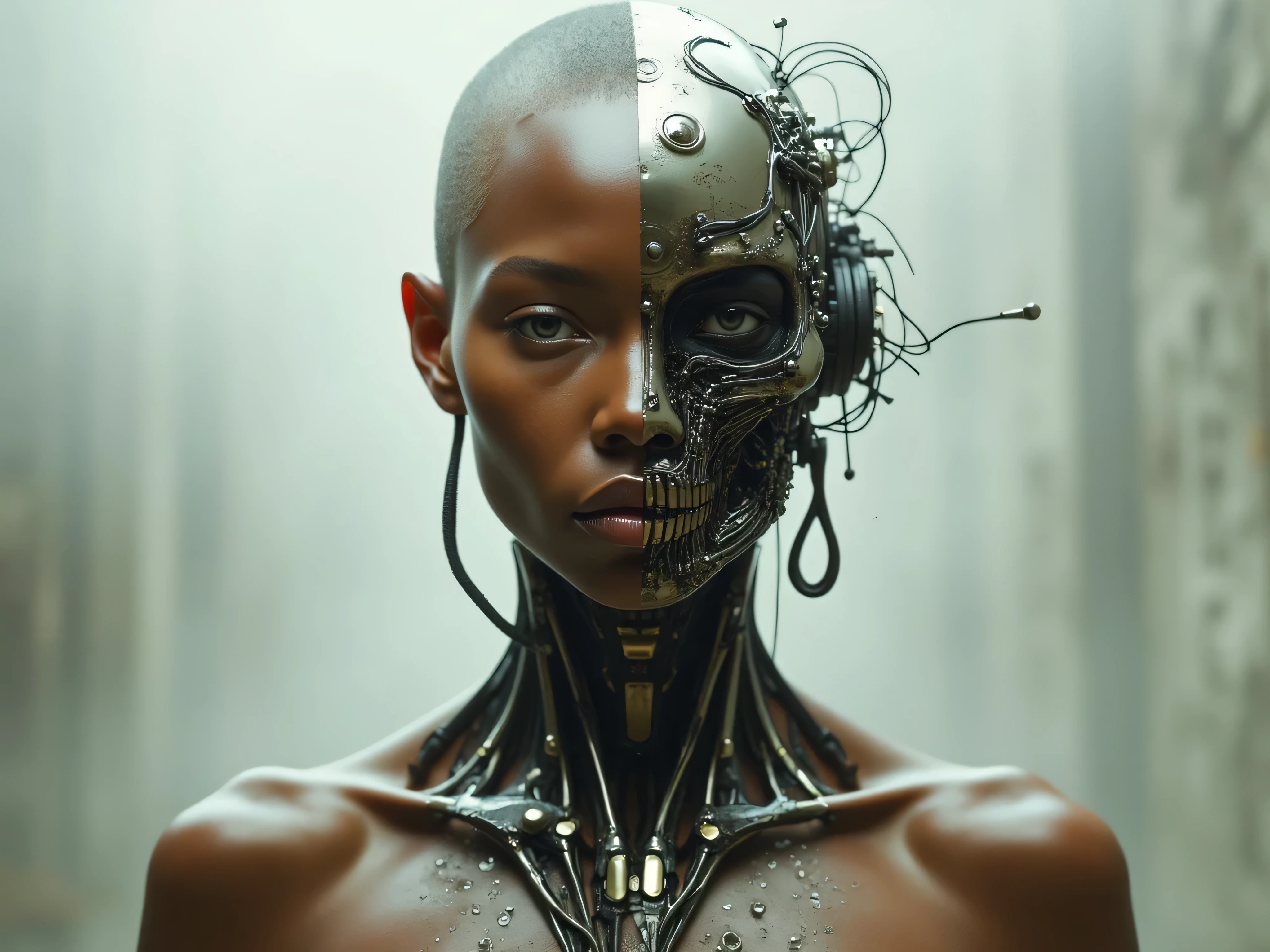 a man with light brown skin with the right side of the human body and the left side of the robot
