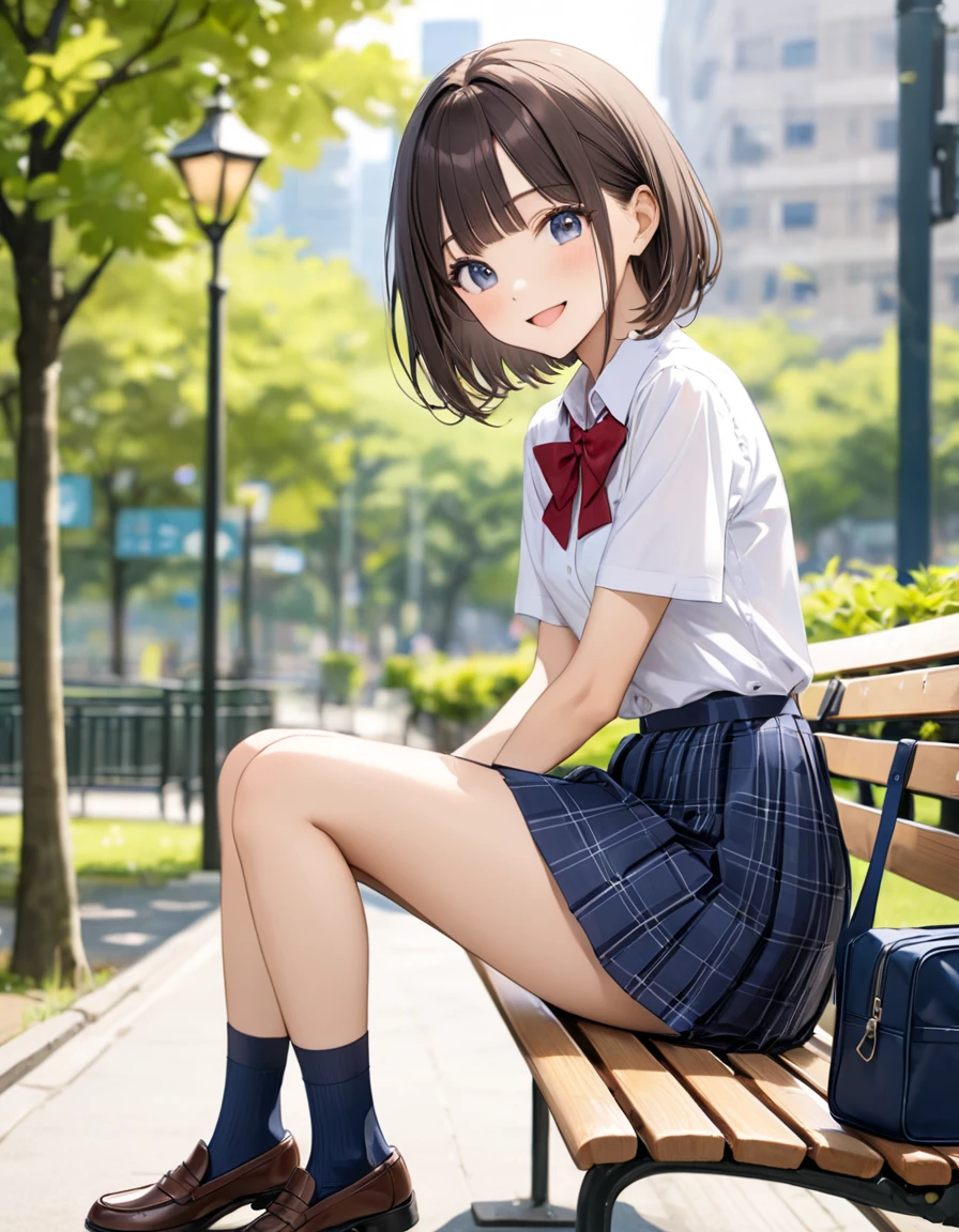 (Highest quality, 8k HD, high resolution, masterpiece: 1.2) (realistic, photorealistic) (animation, anime characters)1girl, solo, breasts, looking at viewer, blush, smile, short hair, bangs, blue eyes, skirt, large breasts, brown hair, shirt, long sleeves, bow, sitting, closed mouth, underwear, , jacket, white shirt, thighs, pleated skirt, outdoors, sky, day, collared shirt, cloud, miniskirt, bowtie, blue sky, blue skirt, arm support, blue bow, hair intakes, blazer, red jacket, blue bowtie, bench, pink jacket