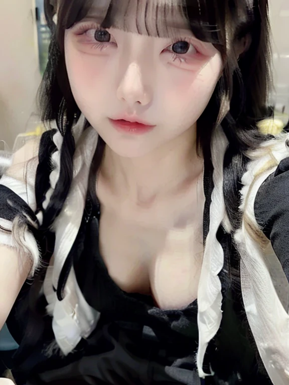 Young woman wearing dress with lots of black ribbons, pigtails, black choker, black gloves, leaning forward and looking into the camera, cleavage, at the dentist, large breasts, (((big round eyes:1.3))), (((childlike face:1.4))), (((round face:1.4))), (((tareme:1.3))), (((bangs:1.2)))