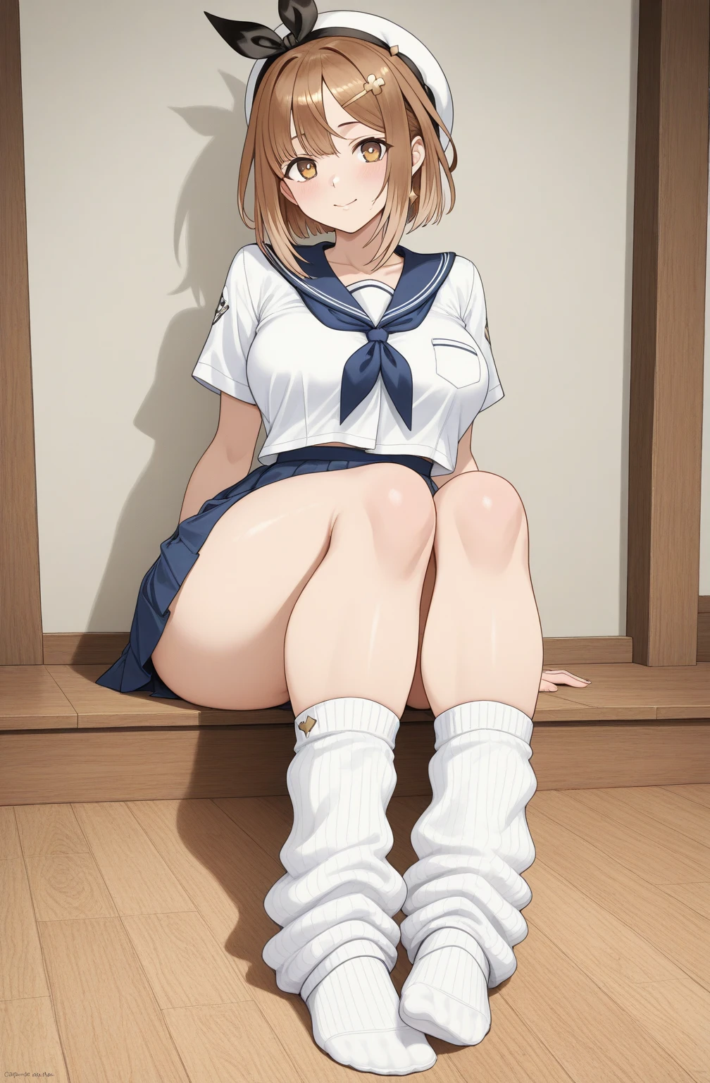 masterpiece, best quality, highres, us1, purple eyes, , blue skirt, neckerchief, white socks, pleated skirt, long sleeves, white shirt, blue sailor collar, (panties:1.1),white panties,ribbon panties,sock,shoe,sitting,leg spread