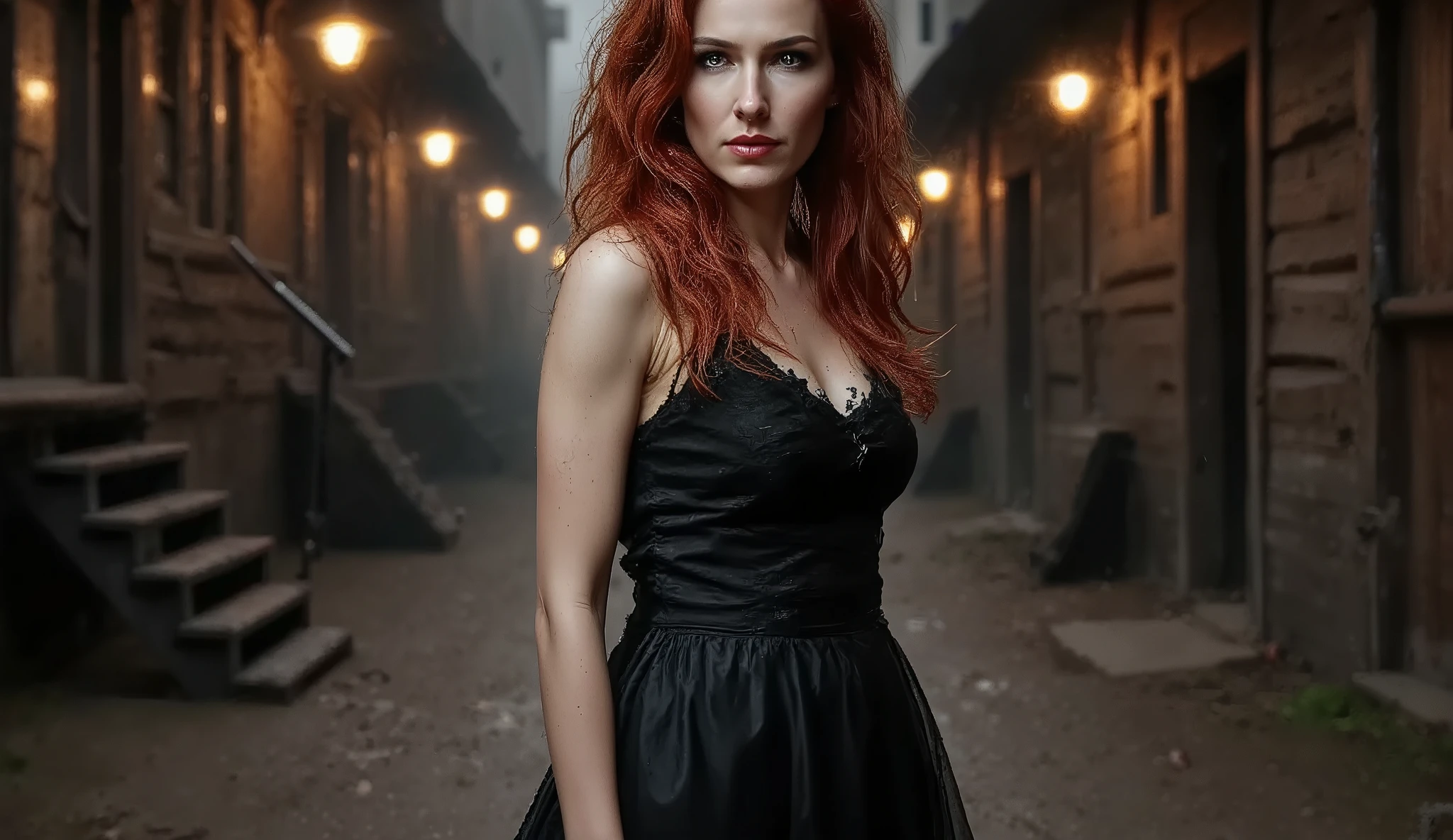 "Ground-level hyperrealistic cinematic scene in a dark, rain-soaked alley deep inside the City of the Dead — a crumbling, lawless western town. The alley is lined with cracked wooden walls and old red lanterns glowing faintly through the mist. Rain drips from rooftops. On both sides of the narrow, muddy street stand women — prostitutes in worn, revealing dresses, their makeup running slightly from the humidity, faces tired, eyes sharp. Some lean against doorframes smoking, others whisper to passing men. One woman glances directly at the camera, expression unreadable. A secretive transaction unfolds in the shadows — coins exchanged for whispers. The air is thick with tension, cigar smoke, perfume, and secrets no one dares speak aloud."
Subjective shot — as if the viewer is walking slowly down the alley, observing everything. Fisheye lens creates a warped, immersive perspective, adding tension. Water drips, puddles reflect movement. Wet cobblestones, skin glistening with moisture, frayed lace, and aged wooden textures appear highly detailed. A faint moan or laughter echoes from a side room. The scene pulses with unsaid truths and dangerous desires.
Style: Hyperrealistic cinematic photography. Realistic human faces with visible skin texture, slight imperfections, emotional nuance. Gritty western noir tone. Natural, low lighting with deep shadows, lantern flickers, ambient fog. Subtle color grading in golden and red tones, evoking seduction and dread.
Camera: Canon EOS 5D Mark IV, 85mm f/1.2 lens. Settings: ISO 100, shutter speed 1/1000, aperture f/1.2. Fisheye effect applied for POV immersion. Cinematic depth of field, background blur, rain and haze particles in air, high drama visual aesthetic.
Keywords: western red light district, wet alley, hyperreal prostitutes, smoky atmosphere, tense conversations, seductive danger, real faces, expressive eyes, moody lighting, secrets in shadows, cinematic grime, photorealism, outlaw brothel vibes, dramatic depth."