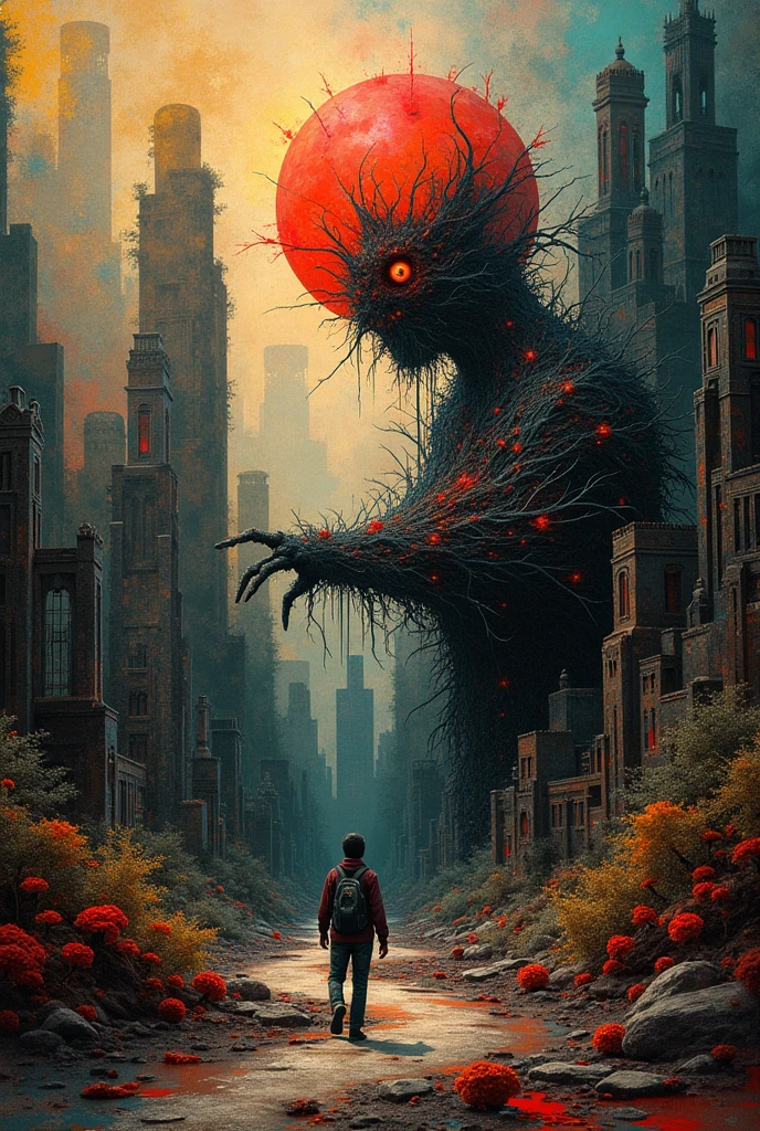 a is next to the image of a monster in a dark room, in the style of realism with soft brushstrokes, dystopian landscapes, mote kei, dark brown and gray, cabinecore, drip painting, 8k resolution,