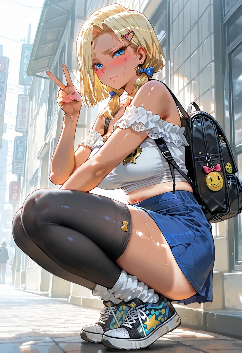 Create a beautiful blonde sexy girl with blue eyes, he must be wearing short jeans and no top, she must be holding a sign saying feminism and must be in the middle of an all-female protest