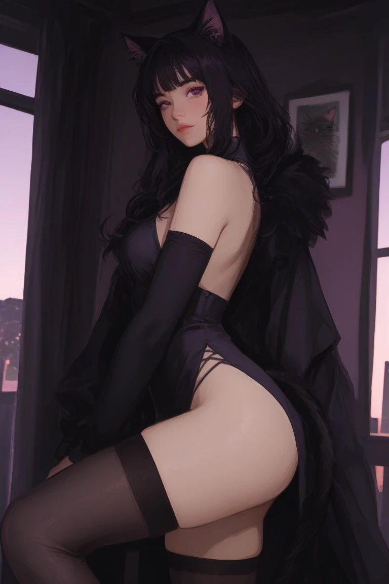 (Realistic:1.3), (masterpiece:1.2), High definition(photoRealistic:1.0), (highest quality), (Detailed skin:1.3), (Intricate details), Reduces light reflections,Detailed skin texture, High resolution, high quality texture, Realistic facial expression, Beautiful details, Fine details, Highly detailed CG, 8K face in profile, Natural light, 
TWO legs, Two arms, Five fingers, Two joints in the fingers, Perfect body balance, beautiful legs, slim legs, left and right legs the same thickness
ONE woman, 19 years OLD, 
(Depict from butt to HEAD：1.3), ((angle from BACK)), (angle from BEHIND)
Inside the ROOM, 
(blush:0.8), ((smile)), Turn around, 
(Black HAIR), (Straight Hair), medium Long Hair, (Calm hair), bangs, Hair between the eyes, Hair volume is low, hair ORNAMENT, 
Clear eyes, blue eyes, Lens Eye, highlights in the eyes, Symmetrical eyes, looking at the CAMERA, 
WEARING long  dark red China dress, floral prints on the dress, SLEEVELESS, china dress has slit of one Side, (((slit is at ONE SIDE))), ((lace thongs)), Do not mix panty and clothes, (white knee-high stockings with sheer lace), Adjust the length of the front and back skirts, The left and right stockings have the same design, panty is inside the skirt, The height of the hem of the dress is at the calf
spread legs,  ((Pinch her panty and slide it to the side with her fingers)), (TOUCH her hips)
big tits, (((HIP))), buttock, pat butt