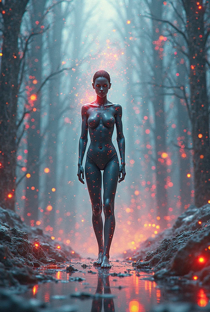 A captivating and surreal scene captured entirely in the spectrum of thermal infrared, where every element in the composition is depicted through the heat it emits, creating an otherworldly yet scientifically grounded visual experience. In the middle of the scene stands a woman, her form entirely defined by the heat her body radiates. Her figure is an intricate blend of warm colors—intense reds, oranges, and yellows, representing the core heat of her body. She is standing in a tranquil, contemplative pose, as if she is interacting with her surroundings. The setting is a night-time outdoor scene in a dense, forested area. The trees around her are rendered in cooler tones—blues and purples—indicating their lower heat emission compared to the woman. The ground beneath her feet is a cooler, showing the heat absorbed from the environment and the slight warmth left from the day. The background features a night sky.