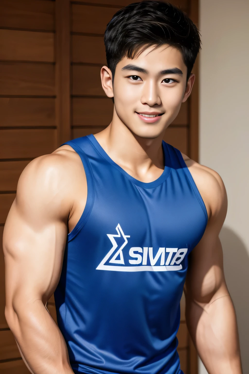 18-year-old male、Japanese、handsome、macho、athlete、Short Hair、facing the front、plain blue tank top、smile