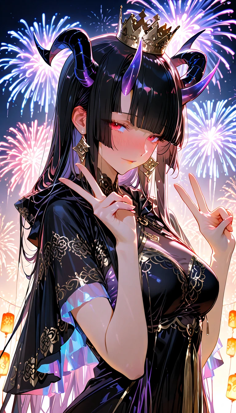 ,Purple short sleeves,Black tunic,Huge,long skirt,Bigchest,exquisitedetails,Perfect details,sideface,White shirt,short detailed hair,nedium breasts,largeeyes,Black eyes,Sparkle,edge lit,long eyelasher,Based on physical rendering,adolable,Lateral face,with a round face,ssmile,8K,8K high quality detailed art, Beautiful 2D portrait,firework background,Extremely quality,tmasterpiece,Need,Overlooking the eve of Chang'an, Gorgeous tiara