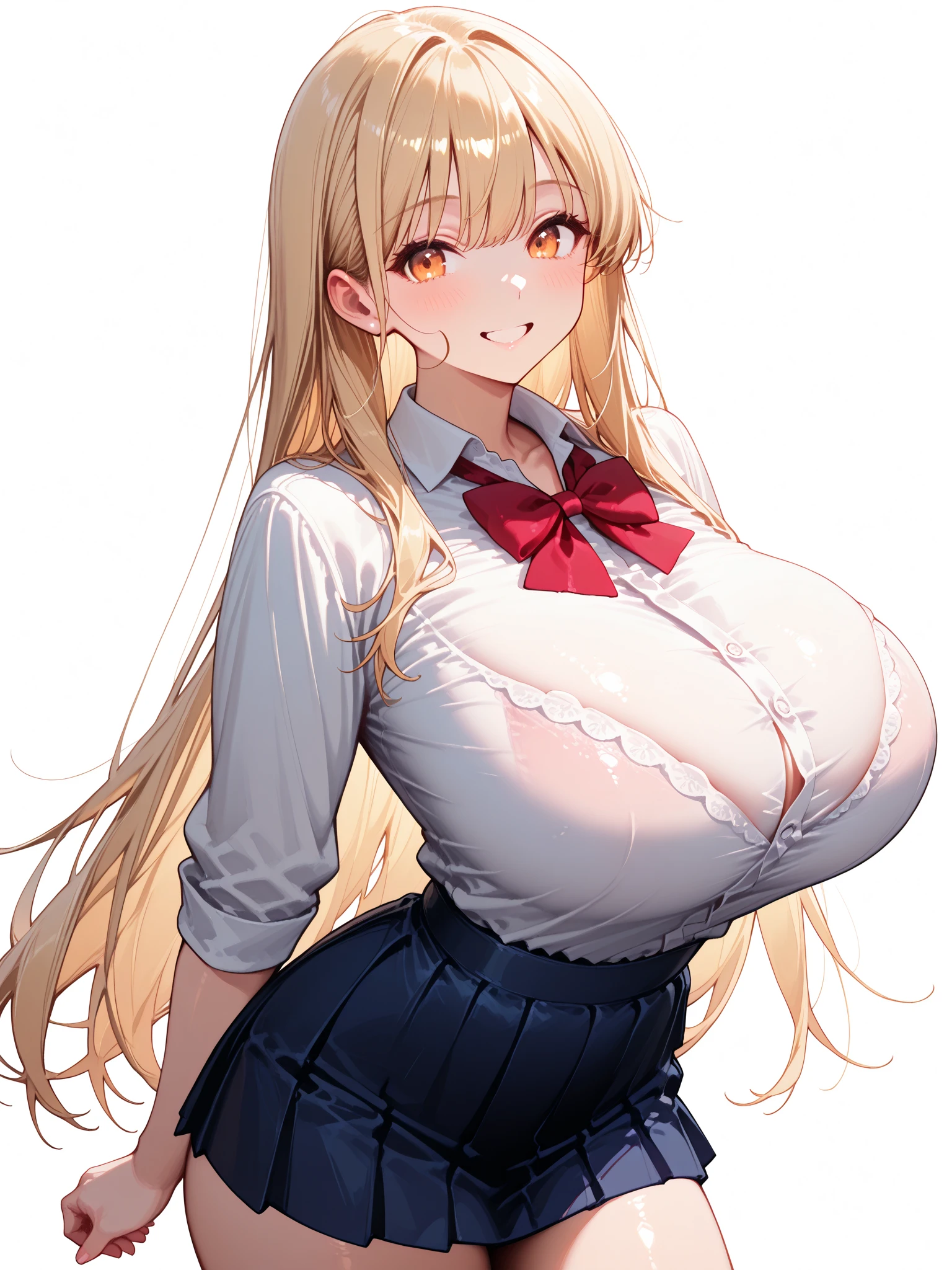 blonde hair color,long hair,pink eyes,high school costume,tie,skirt,earrings,huge breasts,Whipped thighs,slender,SFW,perfect,high quality,faultless,smile,SFW,perfect,high quality,faultless,high school background