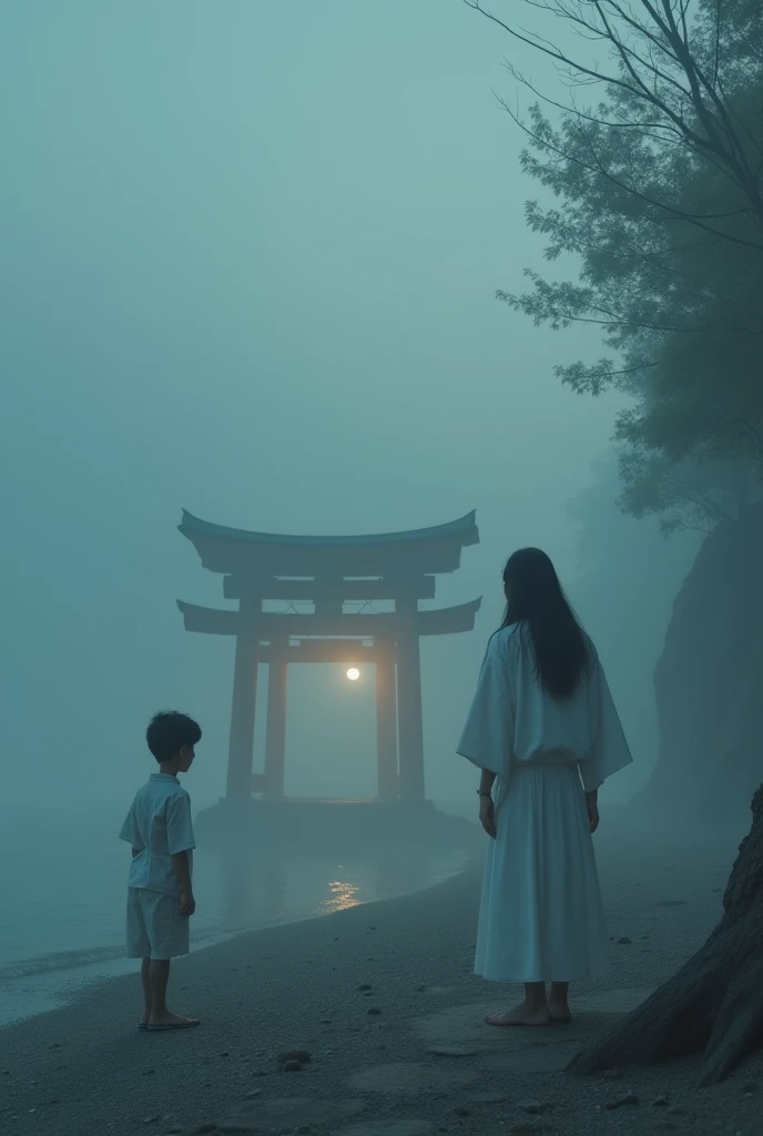 A deserted seaside village in Japan, A quiet shrine, A mysterious fog hangs over the place, dawn,
A boy lost and standing in front of a shrine, A beautiful woman with long black hair appears before him.,
She is dressed in a white kimono and looks like a goddess or spirit., Only around her body is there no fog., She is smiling and holding out her hand to the boy.。