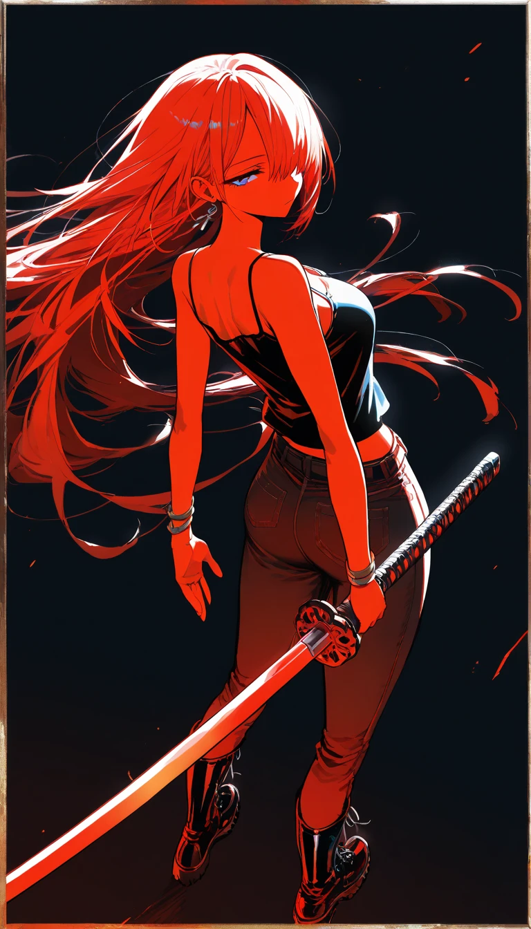 long cerise hair, bikini, brown flared pants, gloves, bell-bottoms, red eyes, sword, 1girl, night, valley, moon