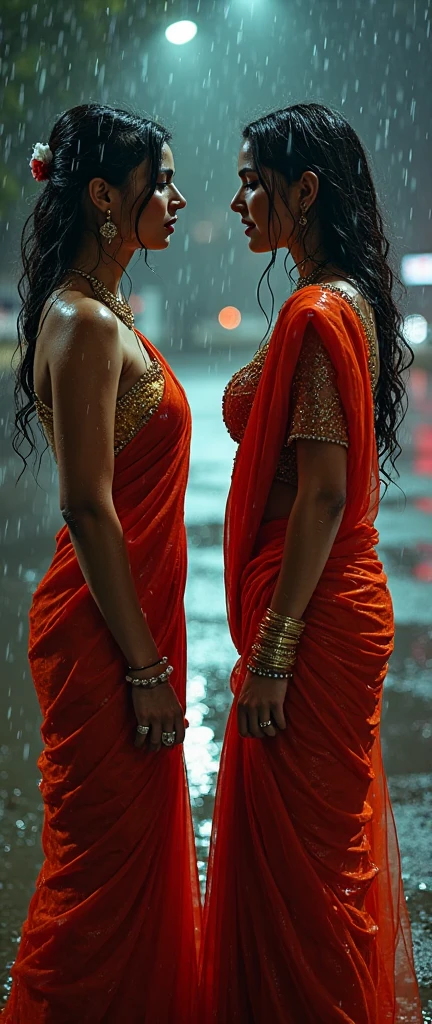 TWO INDIAN BOLLYWOOD LESBIAN BOTH RIVALS STARE EACH OTHER SO ANGRY IN RAIN BOTH WEARING BODYCON TIGHT DRESS BIG ASS BOTH EYES IN HATE FOR EACH OTHER FULL WET IN RAIN IN LATE NIGHT STREET HUGGING EACH OTHER
