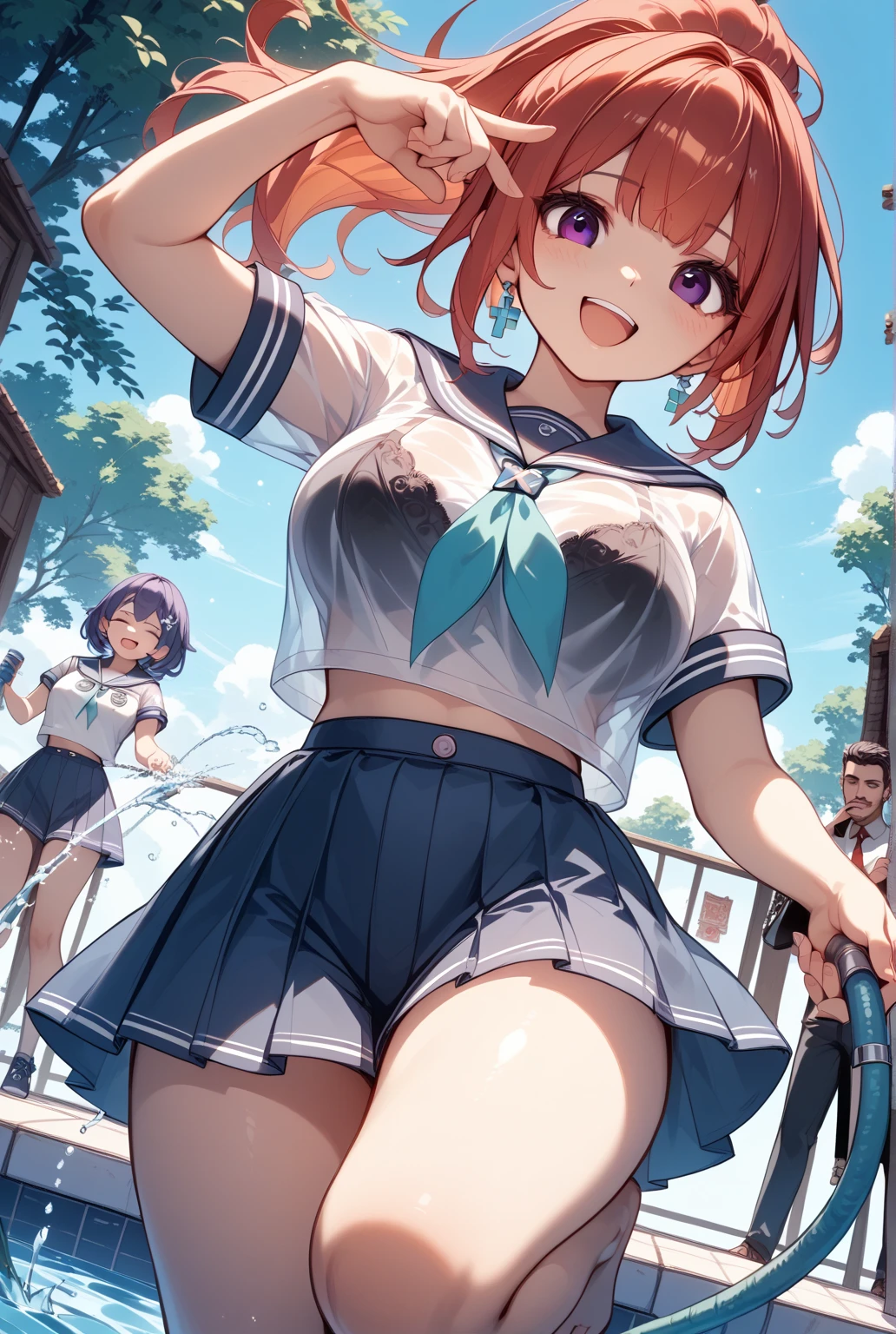 absurdres, highres,
BREAK
looking at viewer, cowboy shot, (from below:1.5)
BREAK
(vivid-color:1.3)
BREAK
(one girl :1.3), (loli:1.2),red hair, blue eyes, tennis uniform, hairclip, earrings, jewelry, nm1, hair ribbon, short hair, tennis cosplay, (pleated super short skirt:1.4), (thighs:1.3), (Very pretty panties:1.2), (bitten panties:1.3), back facing, skirt lift, show off panties, lifted by self,(large ass:1.3), (ass view:1.6),large breasts, (smile face:1.3), open mouth, (breast:1.3), ass, round eyes, (blowing in the wind:0.5), sweat around girl, dripping sweat, squall (wind:1.2), sense of speed, refreshing breeze, motion blur effect, wind, (no pants visible:1.4)
BREAK
background is (tennis court:1.3), (10,000 people spectators,:1.3), multiple people behind you, blue sky with clouds, outdoors, (magnificent panorama view:1.2), wind
BREAK
sunlight, magnificent view, rainbow in the sky, light particles, dynamic angle, dutch angle, perspective
BREAK
(daytime, sunbeam:1.2), depth of field, bokeh, light leaks, (chromatic aberration:1.2), noon
BREAK