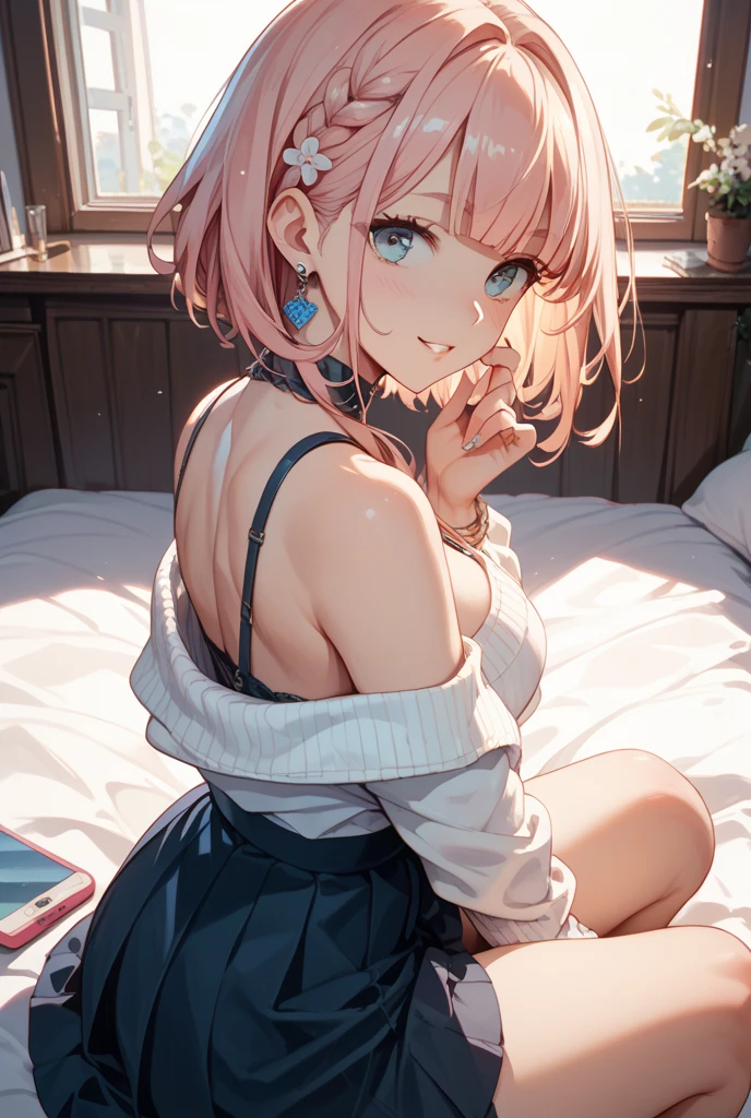 Pink Hair、Pink Eyes、girl、Small breasts、Bun Hair、girl、Small breasts、Lolita、Bright smile、Looks about 15 years old、Petan Musume、short、目のhighlight、Short、Sexy thighs、(length, High neck, Sleeveless sweater:1.3)、Showing armpits、Your eyes are so beautiful、highlight