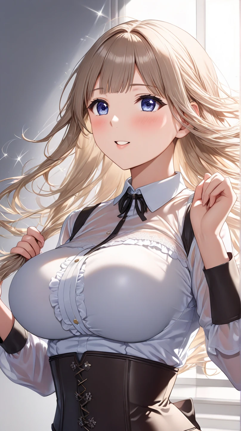 {masterpiece, distinct_image, extremely detailed CG, (extremely detailed fine touch:1.2), (natural light, sun light, light rays, dappled light, ray tracing:1.2), beautiful eyes and detailed face,realistic, photo realistic, 4k, 8k, high_resolution,perfect_finger, (beautiful_detailed_eyes:1.3), glitter, yellow_light, (glow_yellow_face, front_light:1.3), summer_light{1girl, face_focus,cowboy_shot, looking for_in_viewer, front_view, standing, hand_on_own_cheek, (piece sign pose:1.5) },{adult, (huge_breasts, wide_hip:1.3), navel, skinny_stomach,tight_gap, groin, (white_short_sleeve_cropped_button_shirt, tied button shirt:1.7),( very short_black_knife_pleated_skirt, school_uniform, cleavage:1.4), (tanning_skin, dark_skin:1.5), (pink_nails, gold earrings, black neck choke, white collar, multiple colored bracelets:1.4),(yellow_hair, pink_eyes, long_hair, side_ponytail, slanted_eyes, bangs:1.4), (smiling face:1.3), sweat, white background}