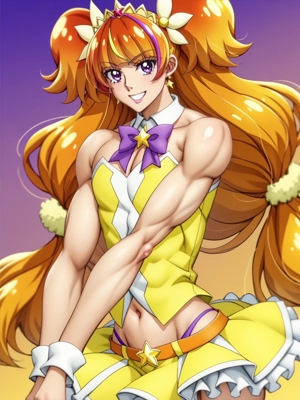 score 9 、score 8 up、score 7 up、source anime、傑作、最高品質、高解像度、anime coloring、1boy、cure twinkle、(male:1.6)、long hair is wearing a yellow mini dress、solo、長髪、orange hair、brown hair、low tied long hair、multicolored hair、two tone hair、gradient hair、streaked hair、blunt bangs、twintails hair、high short twintail hair、low two side up hair、quad tails、tiara、golden hair accessories、purple eyes、黄色いミニドレス、purple puffy mini skirt under the yellow tutu skirt、layered skirt、Jewelry ブローチ、筋肉質で逞しい、white boots、strapless dress、セクシー、thigh boots、逞しい筋肉、yellow tutu skirt、purple puffy mini skirt、purple bowtie、purple thong、yellow bow、purple thong under the purple puffy mini skirt、panty shot、I can see purple thong、きらめく魔法少年、セクシーな雰囲気、ultra mega super hyper セクシー、男性的で筋肉質、(manly:1.6)、!!全身ポートレート!!、bare shoulders、bare arms、bare crotch、bare thighs、wrist cuffs、purple bow tie、orange belt、collarbone、covered midriff、covered abs、covered navel、 covered stomach、upper pectoralis major、covered pectoralis major、biceps、biceps long head、biceps short head、triceps、triceps medial head、triceps lateral head、triceps long head、trapezius、deltoids、anterior deltoids、middle deltoids、posterior deltoids、thigh muscles、semitendinosus muscles、covered hamstrings、covered adductor magnus muscles、魔法少年のスタイル、sexy male、lewd male、魔法のオーラ、naughty smile、lewd smile、perfect body、perfect hands、perfect arms、perfect legs、male focus、looking at viewer、cure twinkle outfit、solo focus、cowboy shot、(male body:1.6)、beefcake style、(male face:1.6)、orange background、purple background、gradient background、two tone background、multicolored background、