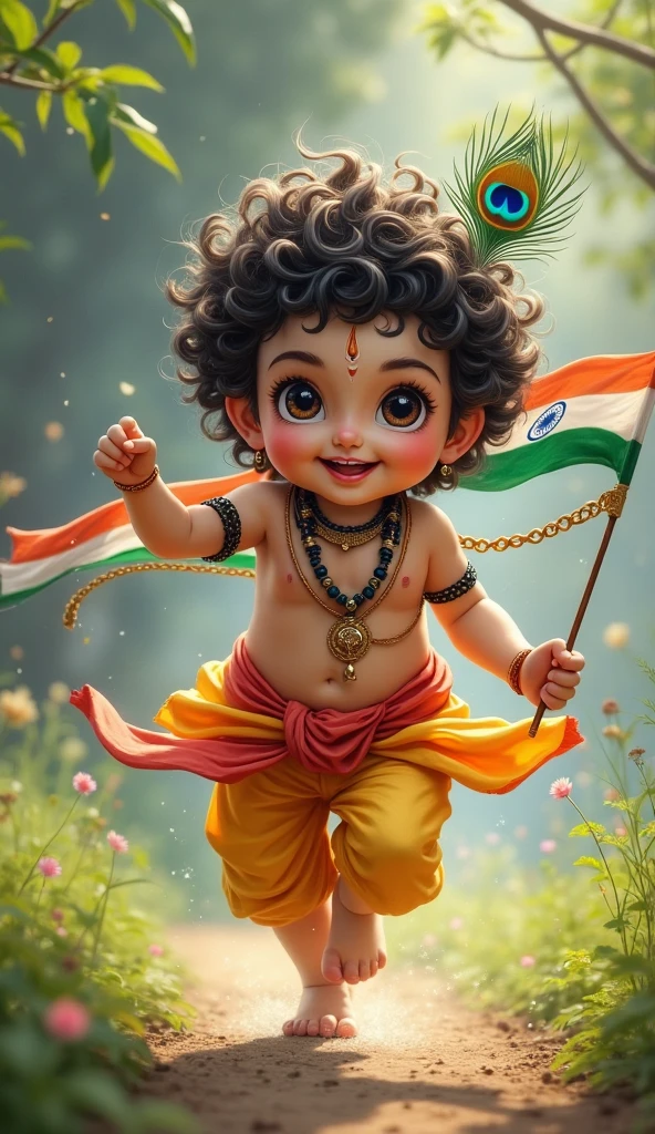 Little cute lord krishna running with indian flag